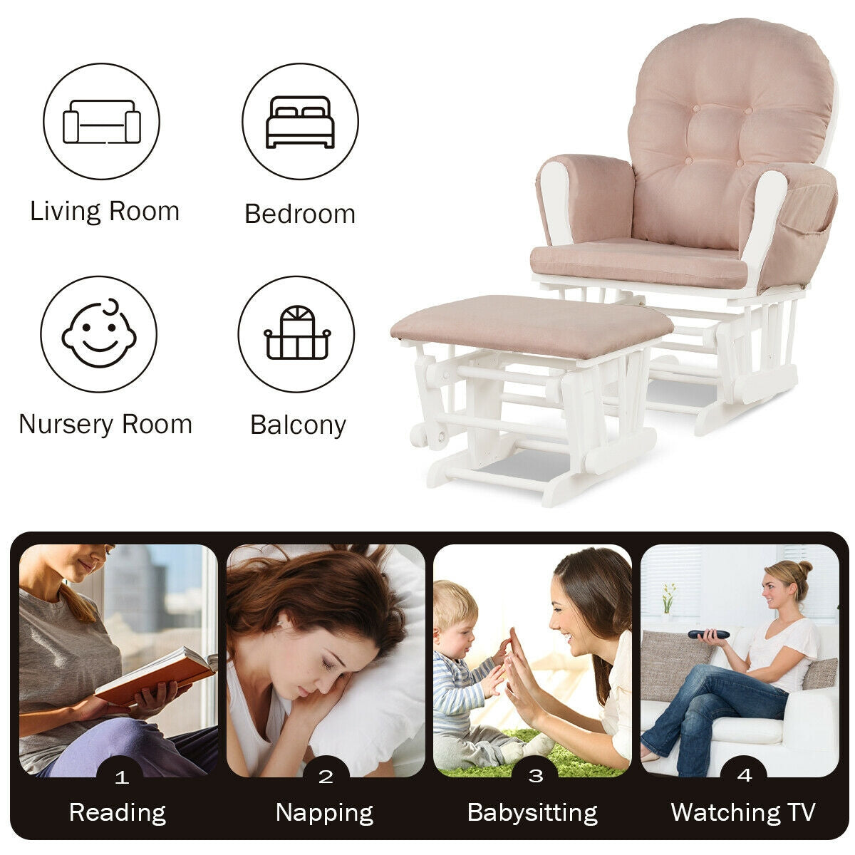 Wood Glider and Ottoman Set with Padded Armrests and Detachable Cushion, Pink Recliners at Gallery Canada