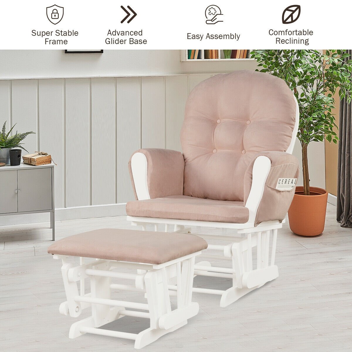 Wood Glider and Ottoman Set with Padded Armrests and Detachable Cushion, Pink Recliners   at Gallery Canada