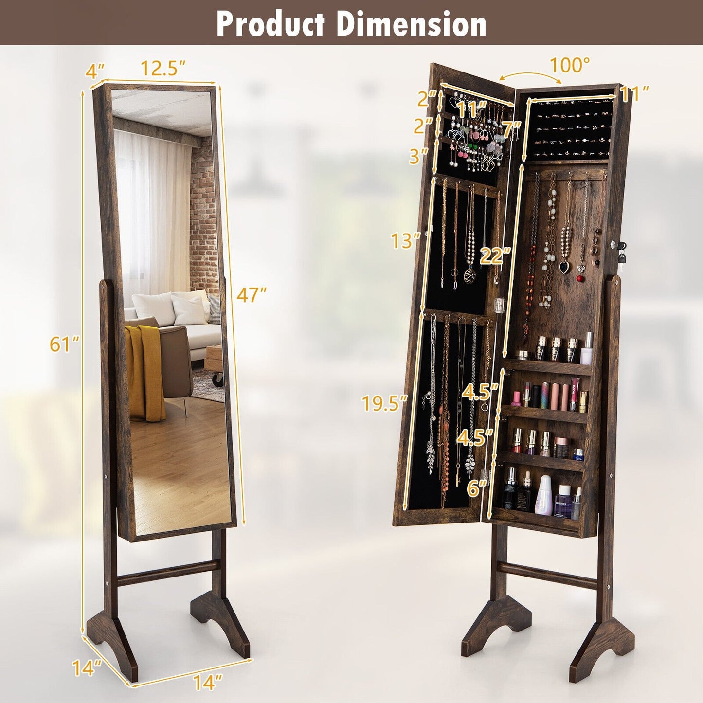 Standing Jewelry Cabinet with Full Length Mirror, Brown - Gallery Canada