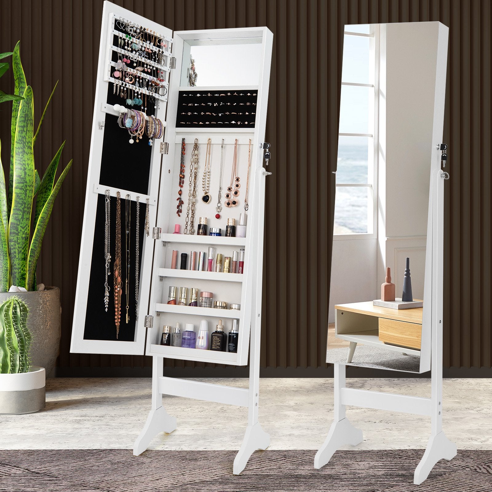 Standing Jewelry Cabinet with Full Length Mirror, White - Gallery Canada
