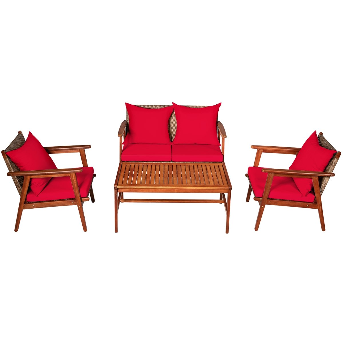 4 Piece  Acacia Wood Patio Rattan Furniture Set, Red Patio Conversation Sets   at Gallery Canada