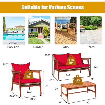 4 Piece  Acacia Wood Patio Rattan Furniture Set, Red Patio Conversation Sets   at Gallery Canada