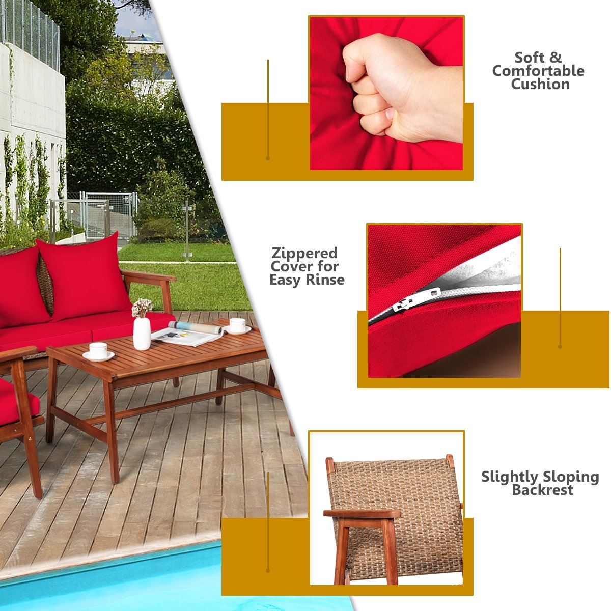 4 Piece  Acacia Wood Patio Rattan Furniture Set, Red Patio Conversation Sets   at Gallery Canada