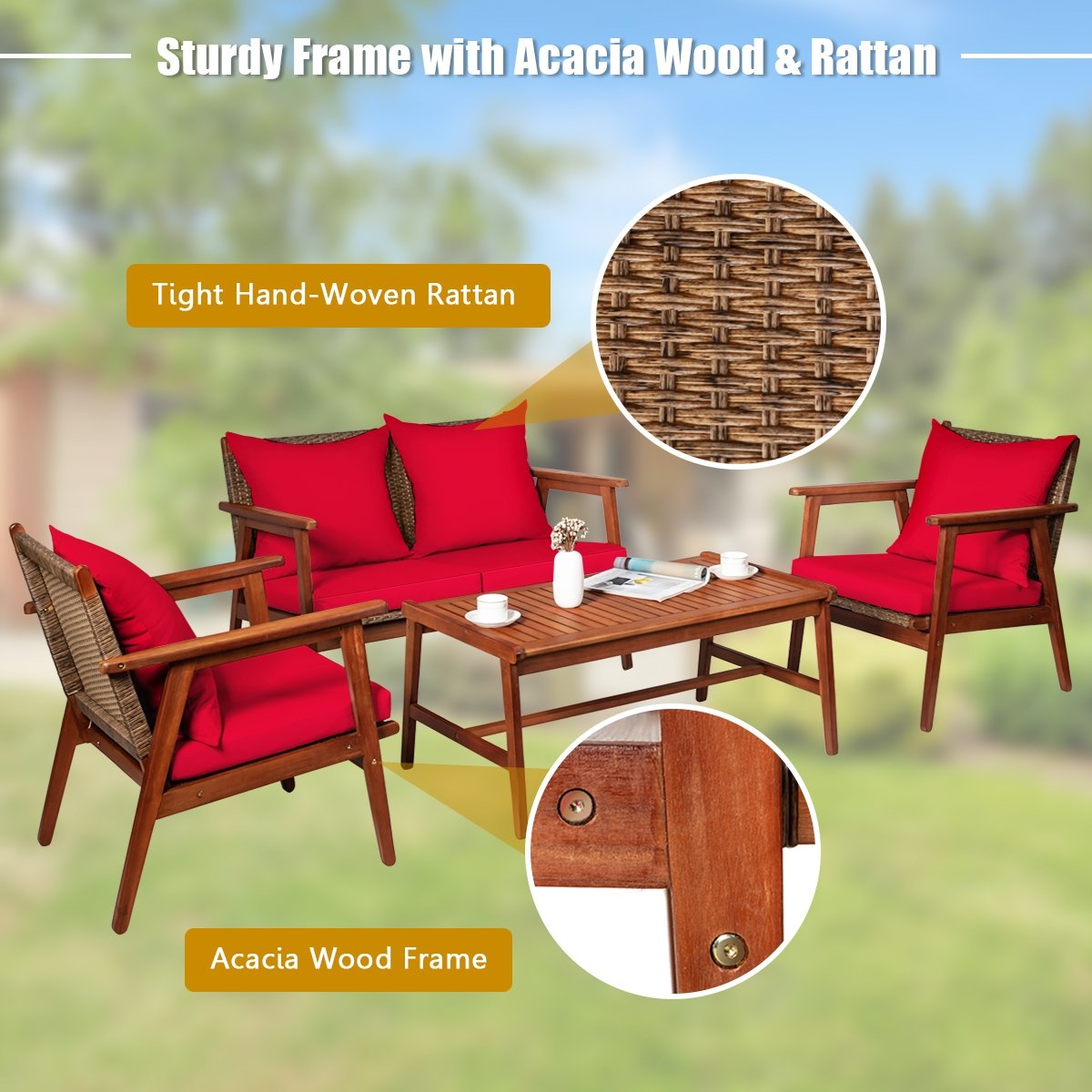 4 Piece  Acacia Wood Patio Rattan Furniture Set, Red Patio Conversation Sets   at Gallery Canada