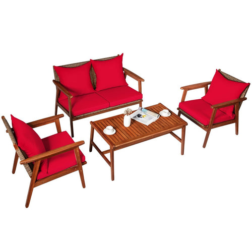 4 Piece  Acacia Wood Patio Rattan Furniture Set, Red