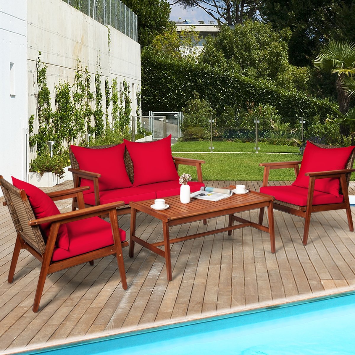 4 Piece  Acacia Wood Patio Rattan Furniture Set, Red Patio Conversation Sets   at Gallery Canada