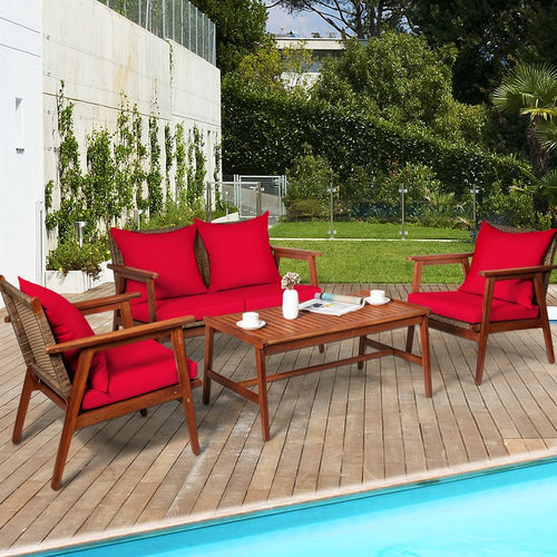 4 Piece  Acacia Wood Patio Rattan Furniture Set, Red