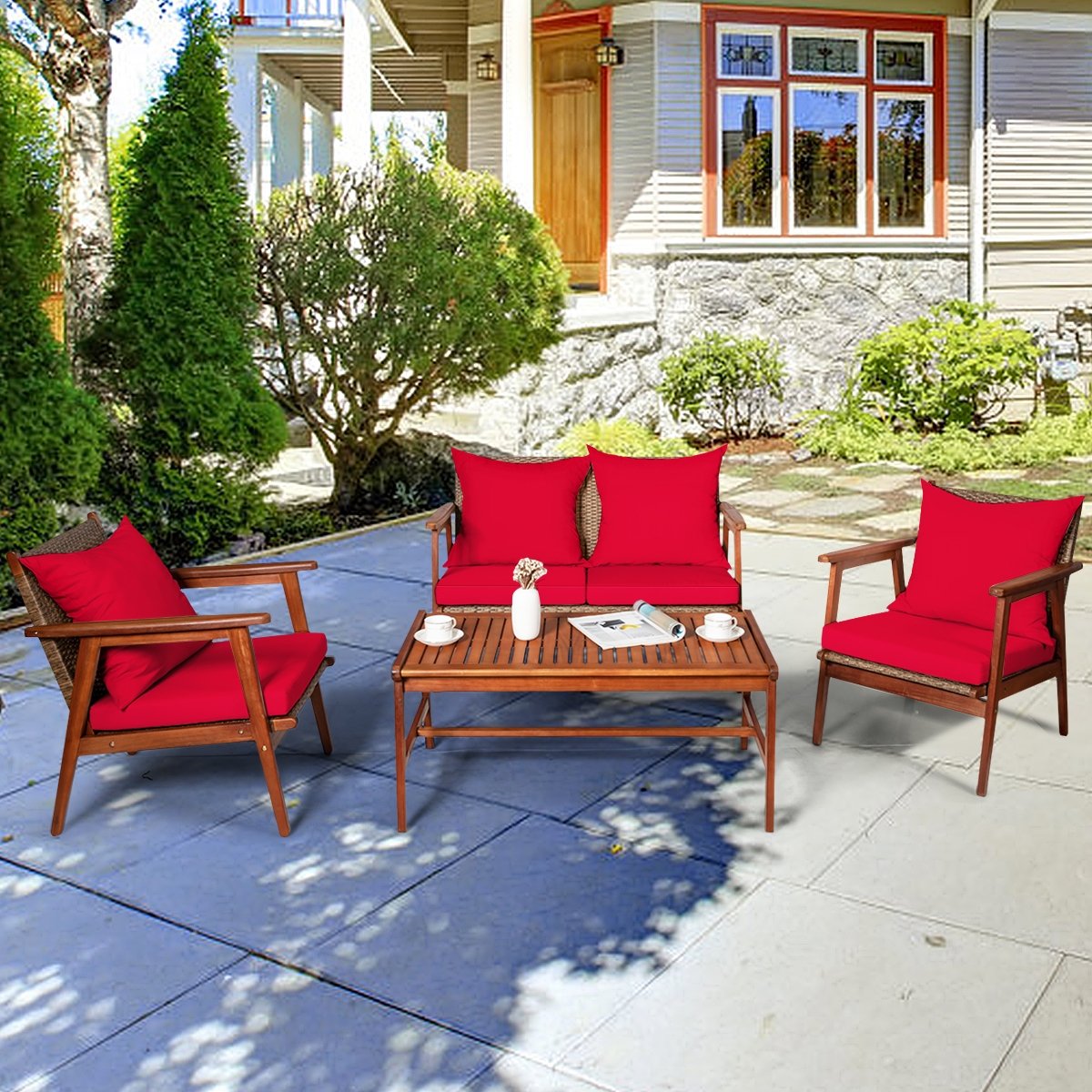 4 Piece  Acacia Wood Patio Rattan Furniture Set, Red Patio Conversation Sets   at Gallery Canada