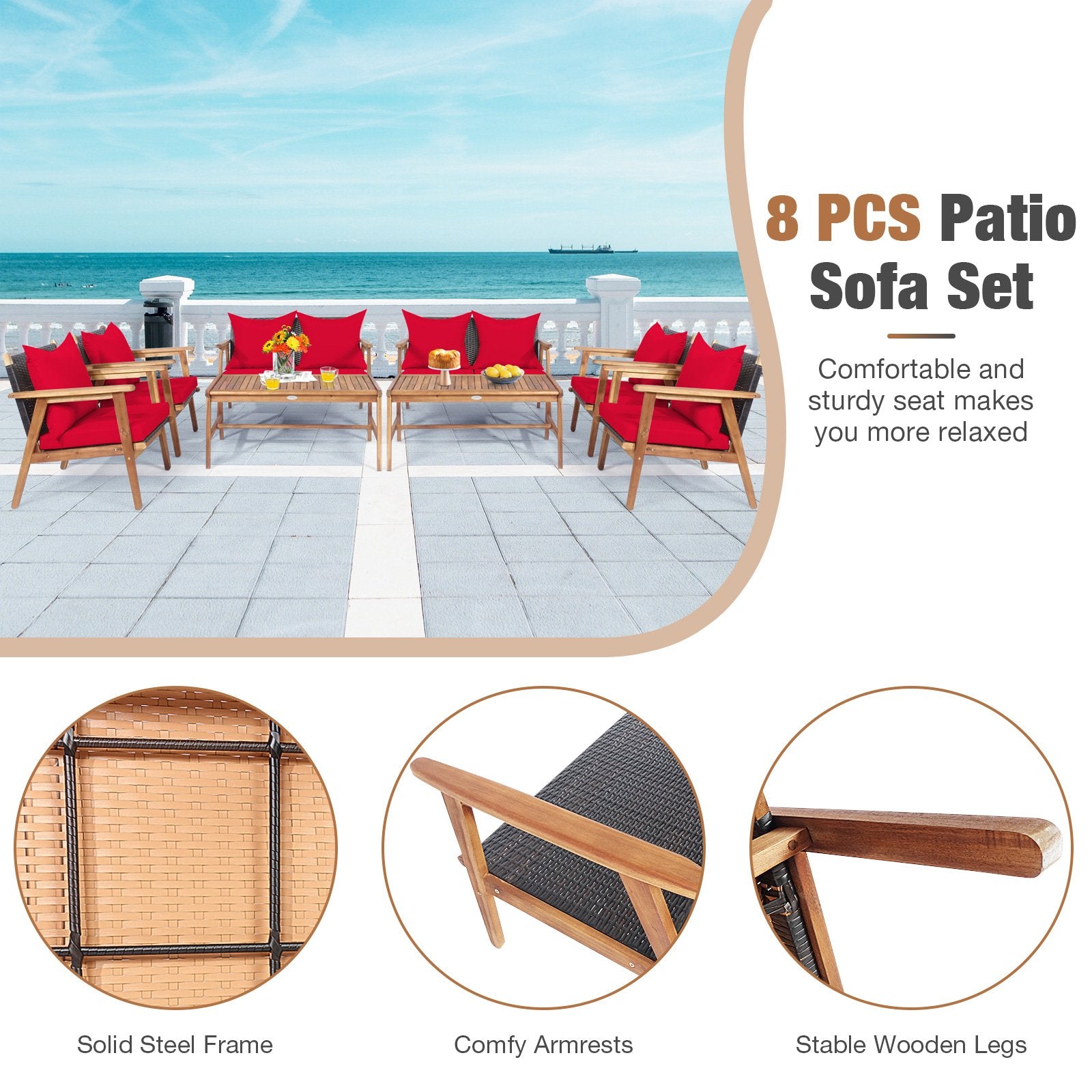 4 Piece  Acacia Wood Patio Rattan Furniture Set, Red Patio Conversation Sets   at Gallery Canada