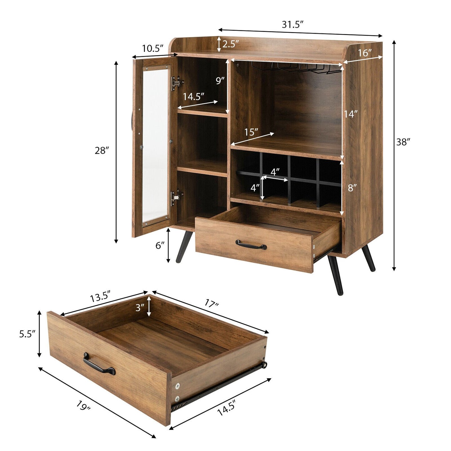 Buffet Sideboard with Removable Wine Rack and Glass Holder, Rustic Brown Sideboards Cabinets & Buffets   at Gallery Canada