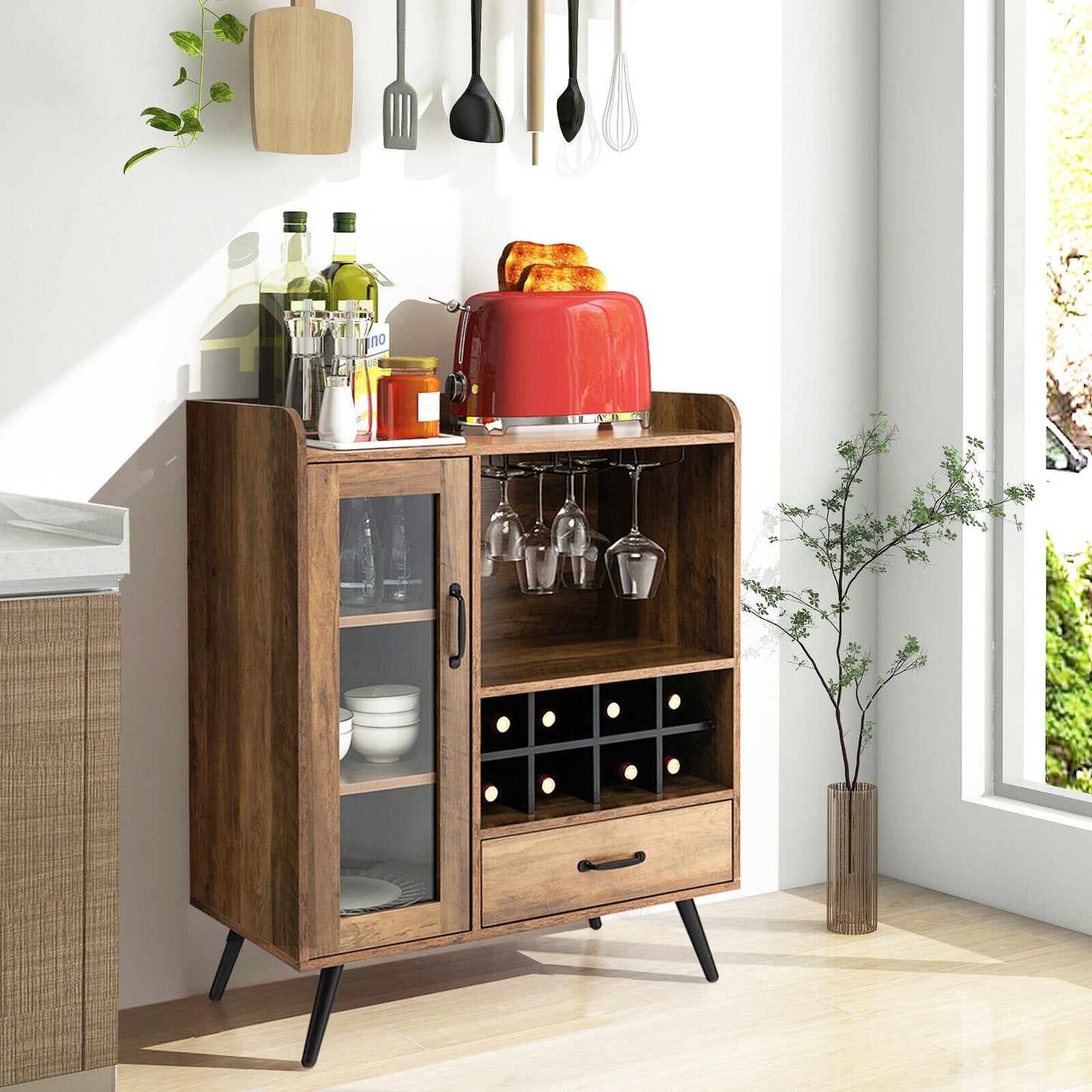 Buffet Sideboard with Removable Wine Rack and Glass Holder, Rustic Brown Sideboards Cabinets & Buffets   at Gallery Canada