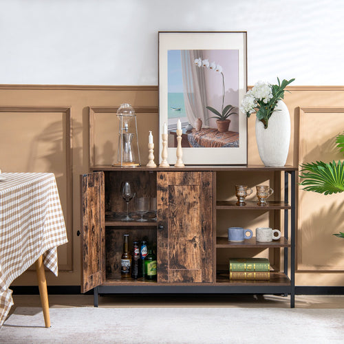 Industrial Kitchen Storage Cabinet with Open Shelves, Rustic Brown