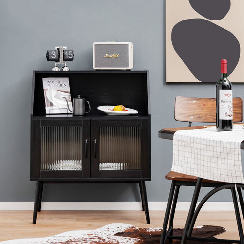 Kitchen Storage Cupboard Buffet Cabinet Sideboard with Open Cubby and 2 Glass Doors, Black