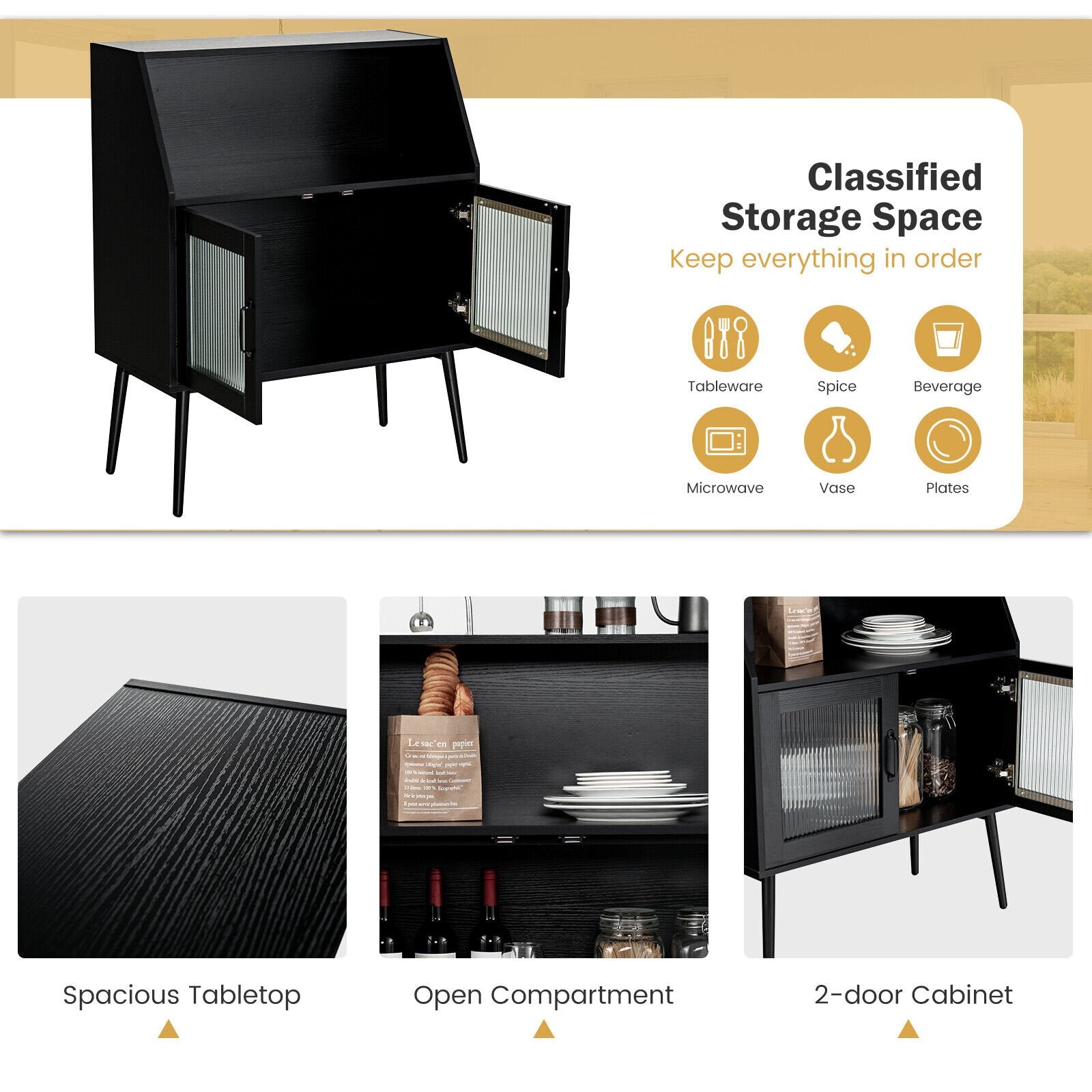 Kitchen Storage Cupboard Buffet Cabinet Sideboard with Open Cubby and 2 Glass Doors, Black Sideboards Cabinets & Buffets   at Gallery Canada