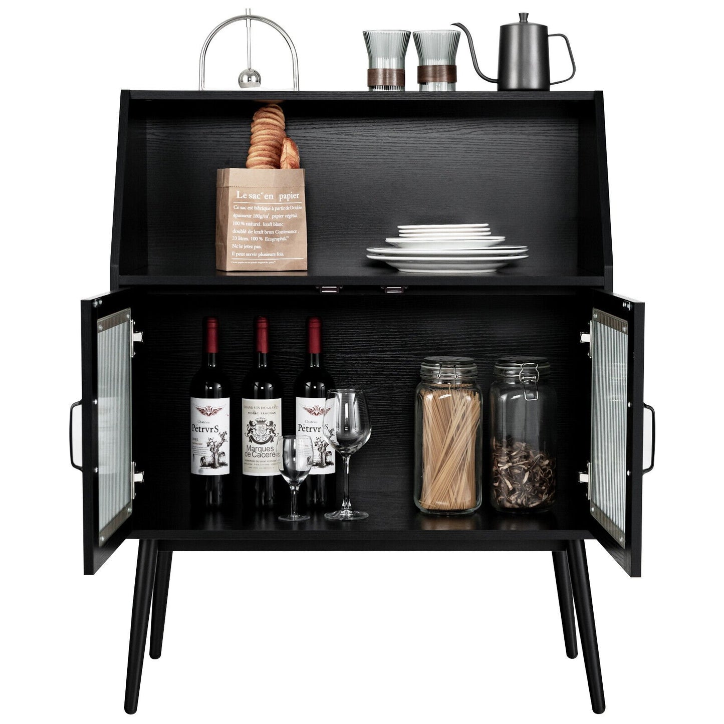 Kitchen Storage Cupboard Buffet Cabinet Sideboard with Open Cubby and 2 Glass Doors, Black Sideboards Cabinets & Buffets   at Gallery Canada