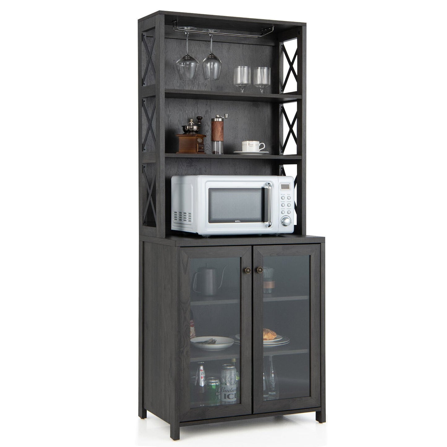 Tall Freestanding Bar Cabinet Buffet with Glass Holder and Adjustable Shelf, Gray Sideboards Cabinets & Buffets   at Gallery Canada