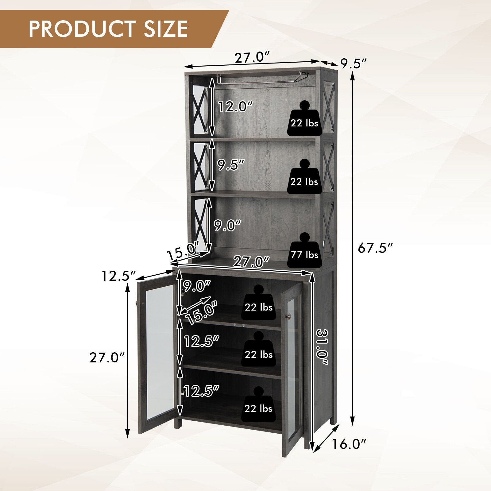 Tall Freestanding Bar Cabinet Buffet with Glass Holder and Adjustable Shelf, Gray Sideboards Cabinets & Buffets   at Gallery Canada