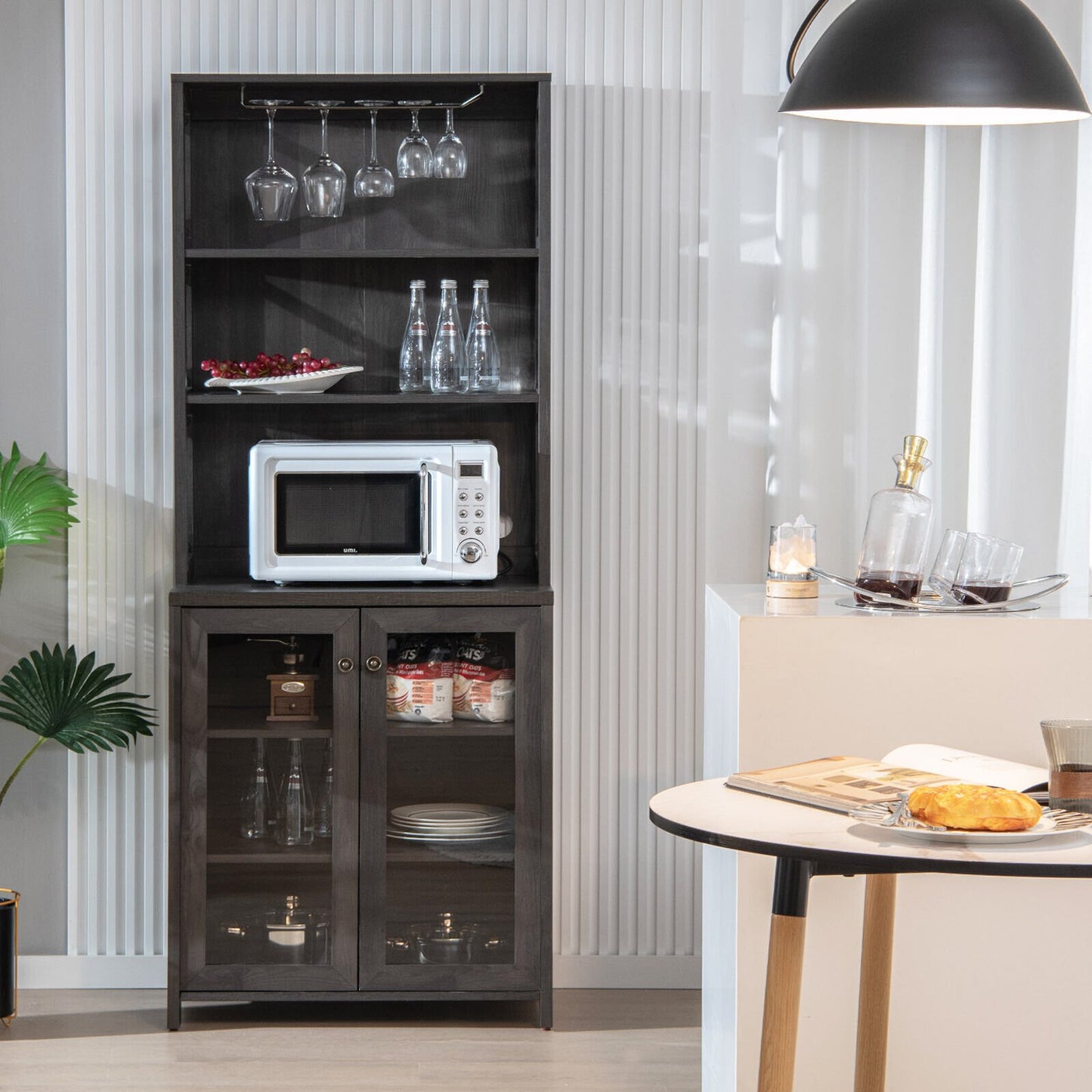 Tall Freestanding Bar Cabinet Buffet with Glass Holder and Adjustable Shelf, Gray Sideboards Cabinets & Buffets   at Gallery Canada