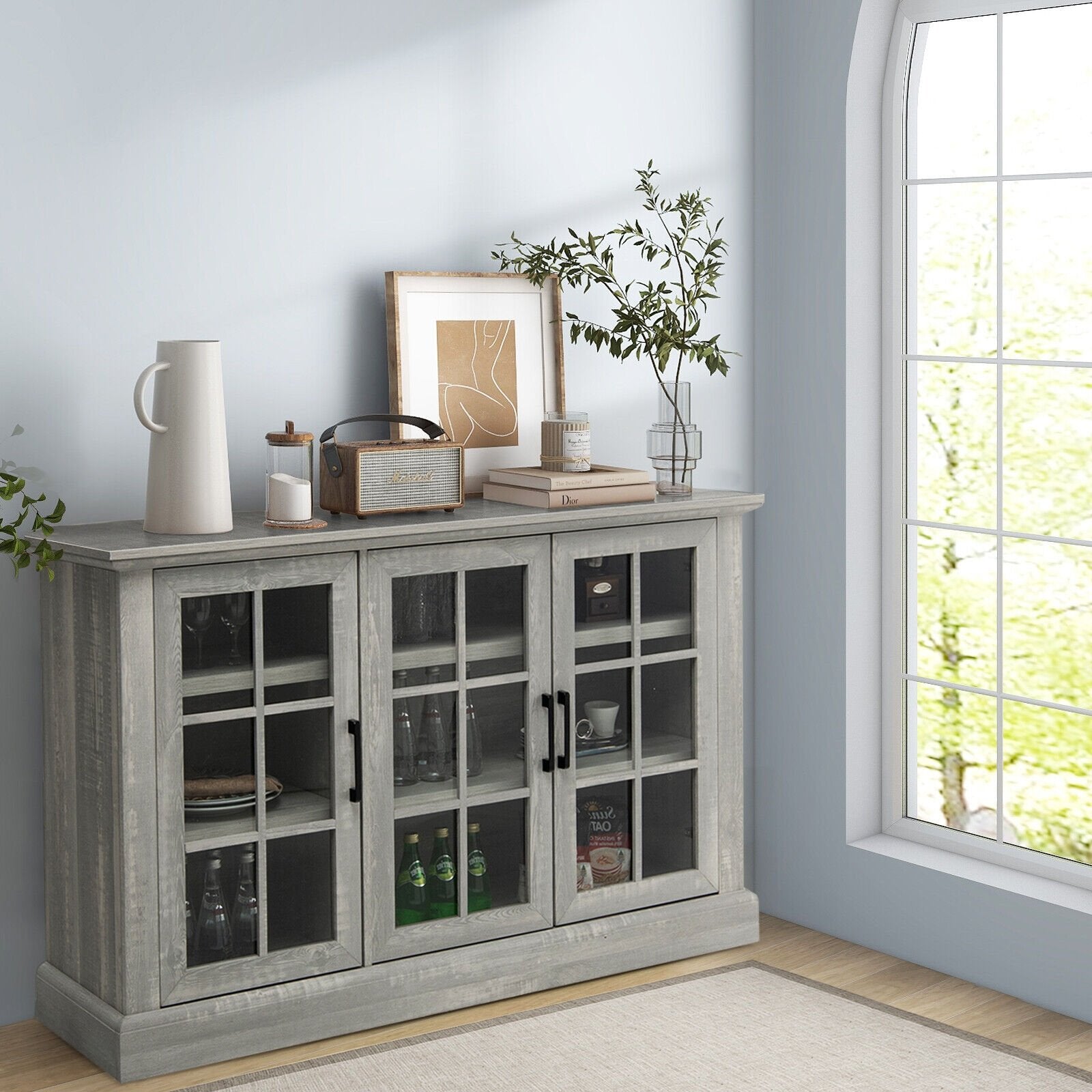 Farmhouse Buffet Cabinet with 3 Tempered Glass Doors, Gray Sideboards Cabinets & Buffets   at Gallery Canada