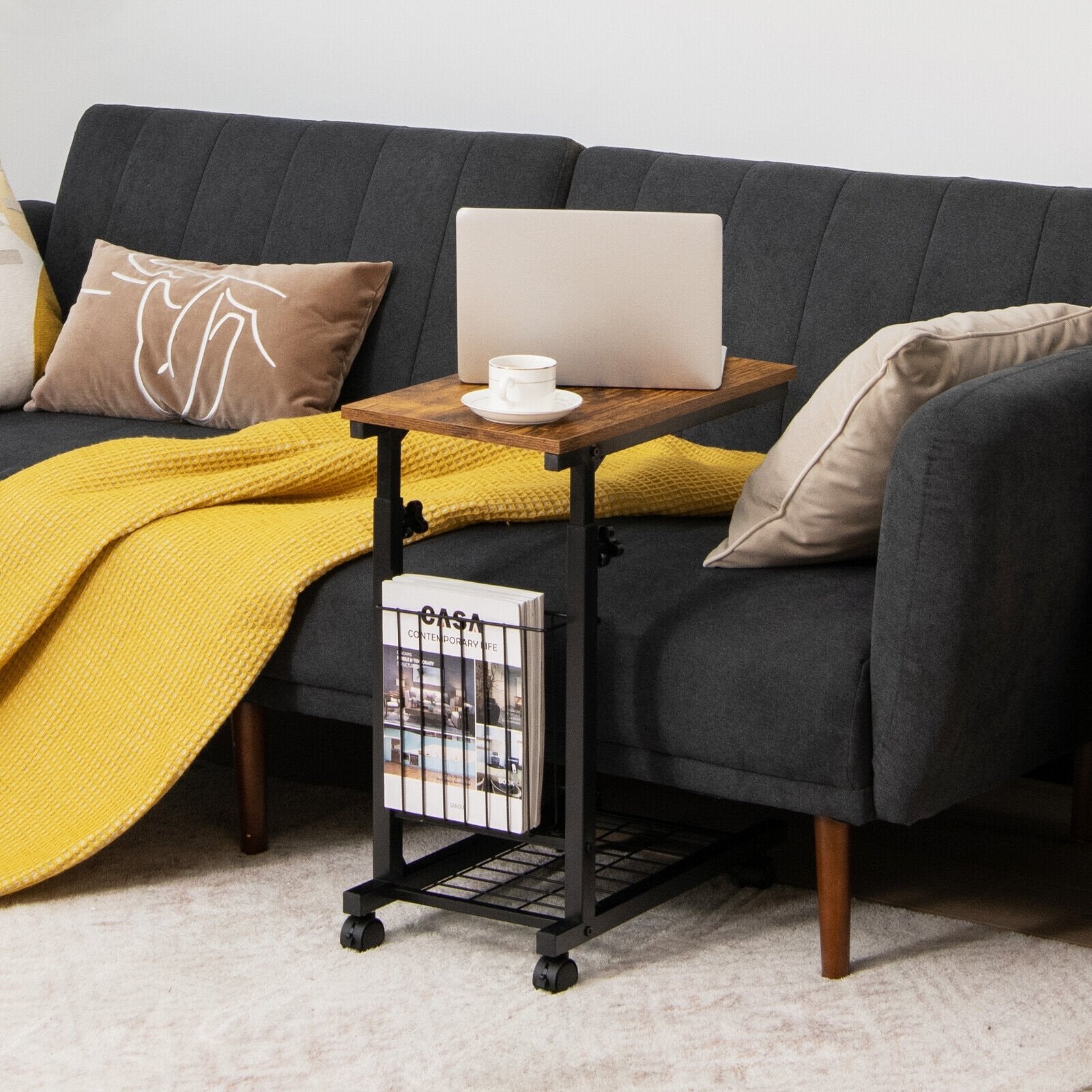 C-shape Sofa Side Table with Storage Basket, Rustic Brown End & Side Tables   at Gallery Canada