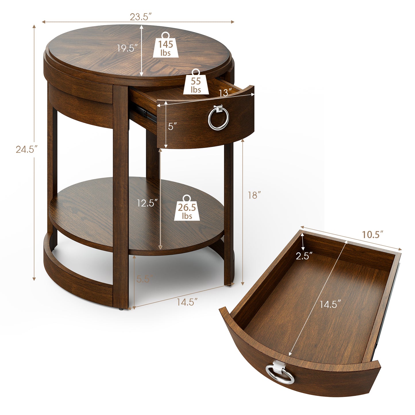 2-Tier Elliptical End Table with Drawer, Oak - Gallery Canada