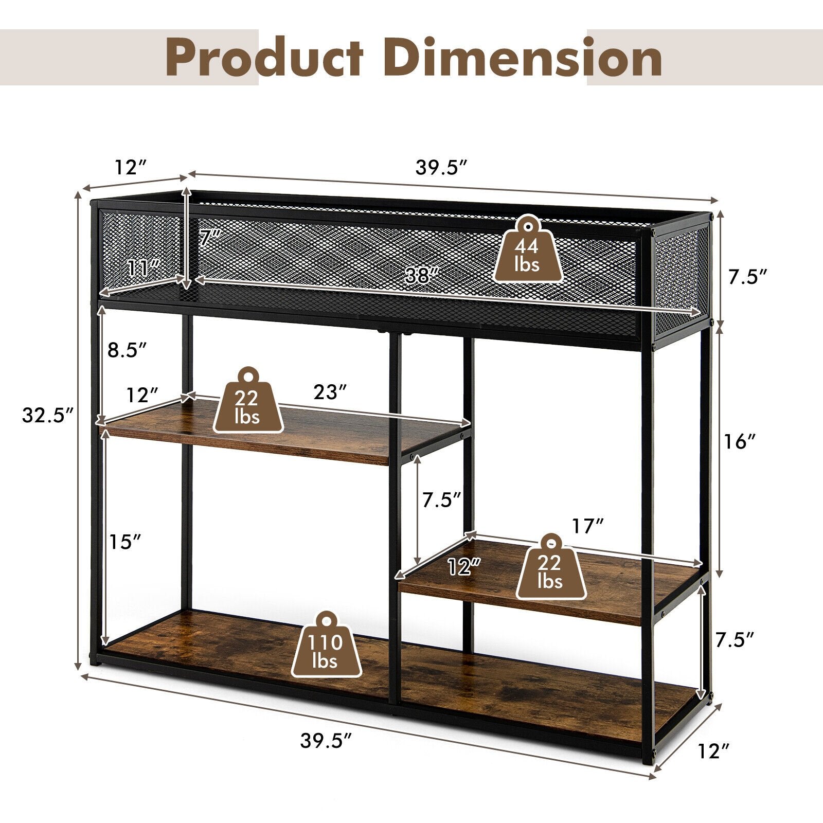 4-Tier Industrial Console Table with Wire Basket and shelf, Rustic Brown Console Tables   at Gallery Canada