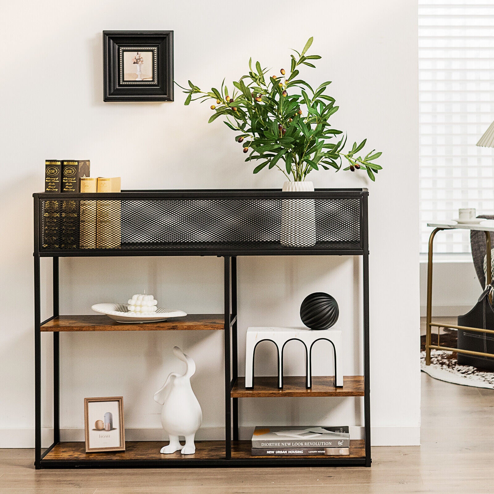 4-Tier Industrial Console Table with Wire Basket and shelf, Rustic Brown Console Tables at Gallery Canada