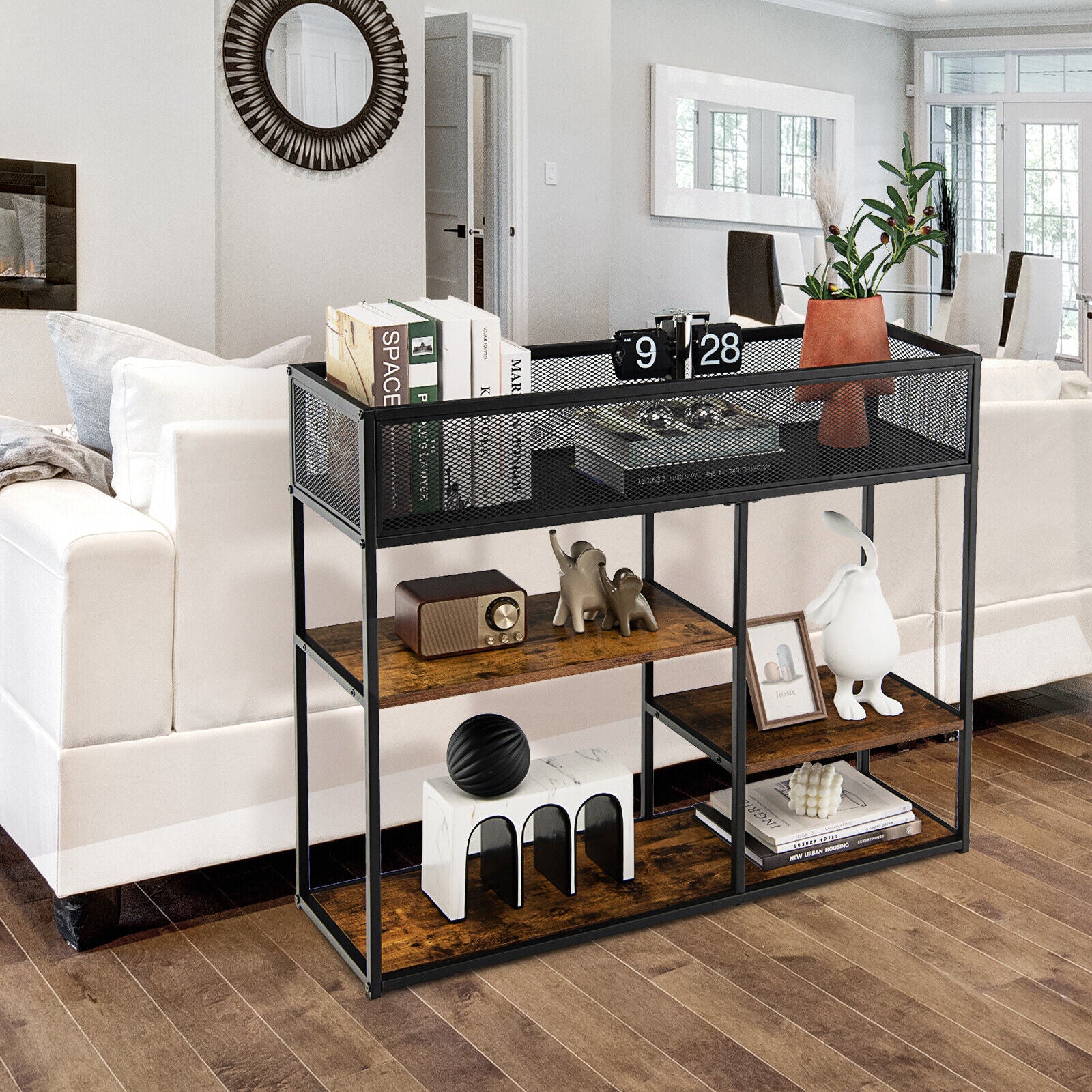 4-Tier Industrial Console Table with Wire Basket and shelf, Rustic Brown Console Tables at Gallery Canada