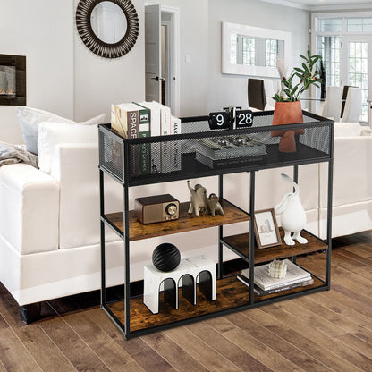 4-Tier Industrial Console Table with Wire Basket and shelf, Rustic Brown Console Tables   at Gallery Canada