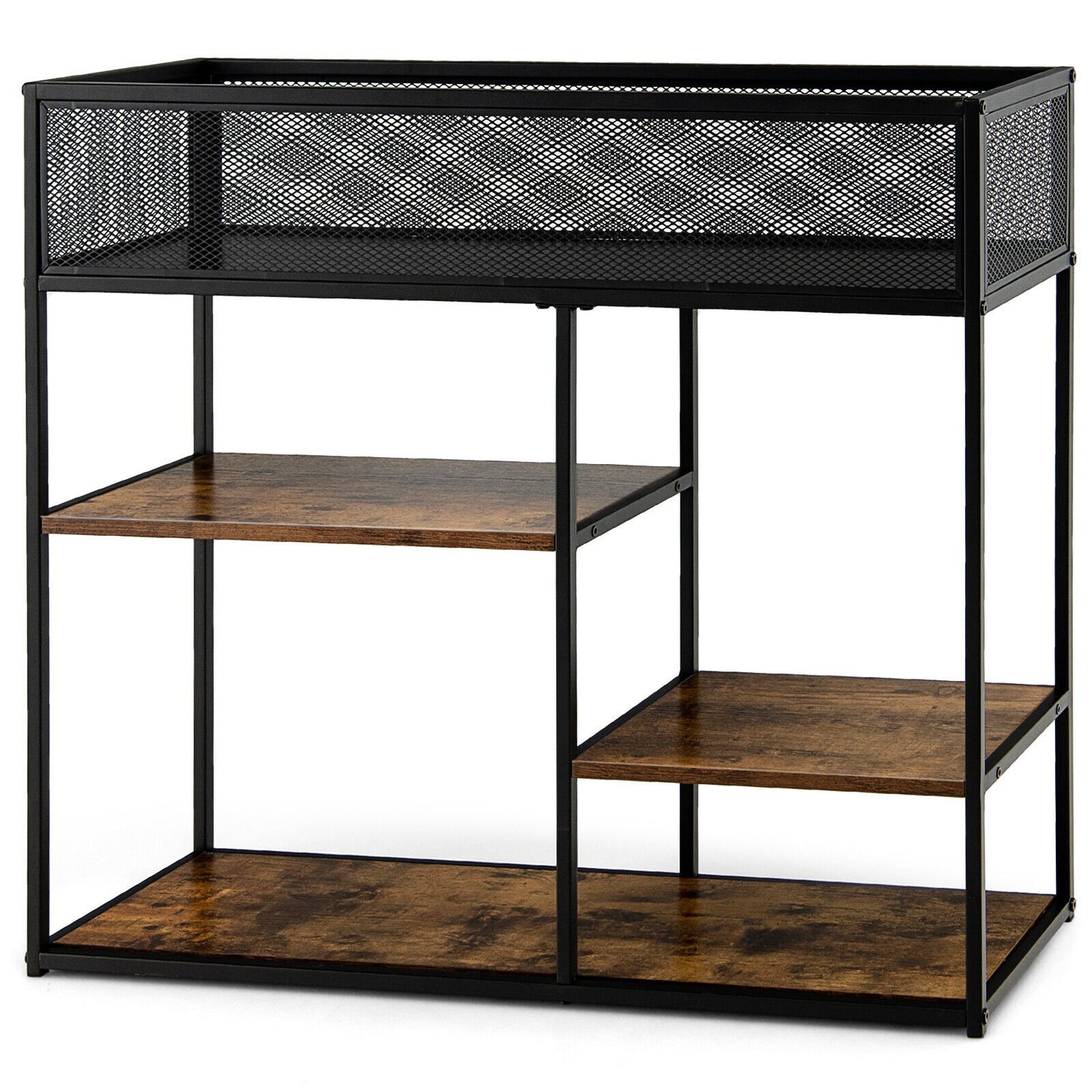 4-Tier Industrial Console Table with Wire Basket and shelf, Rustic Brown Console Tables   at Gallery Canada