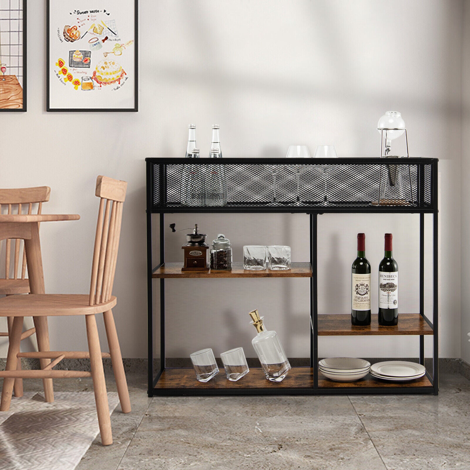 4-Tier Industrial Console Table with Wire Basket and shelf, Rustic Brown Console Tables at Gallery Canada