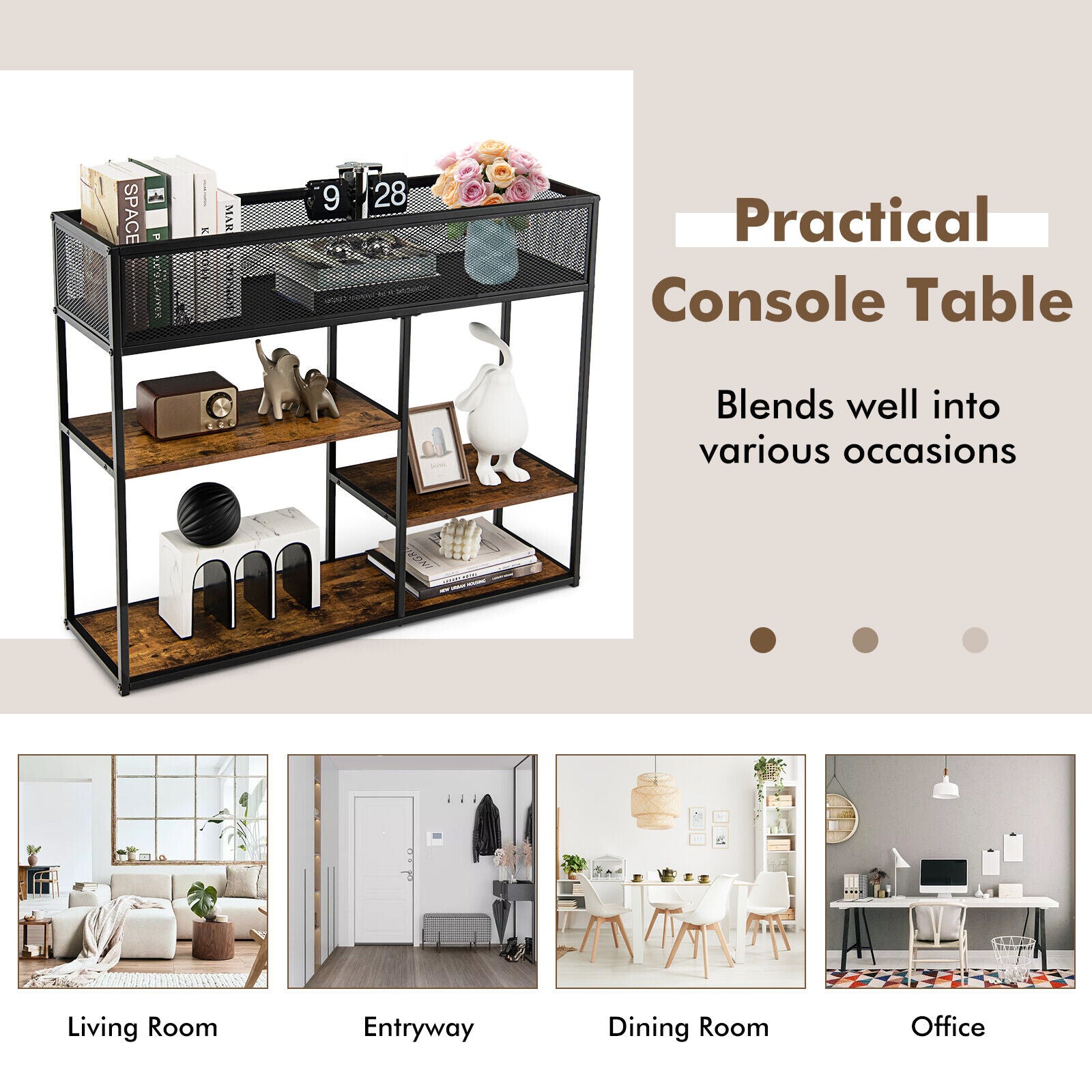 4-Tier Industrial Console Table with Wire Basket and shelf, Rustic Brown Console Tables at Gallery Canada