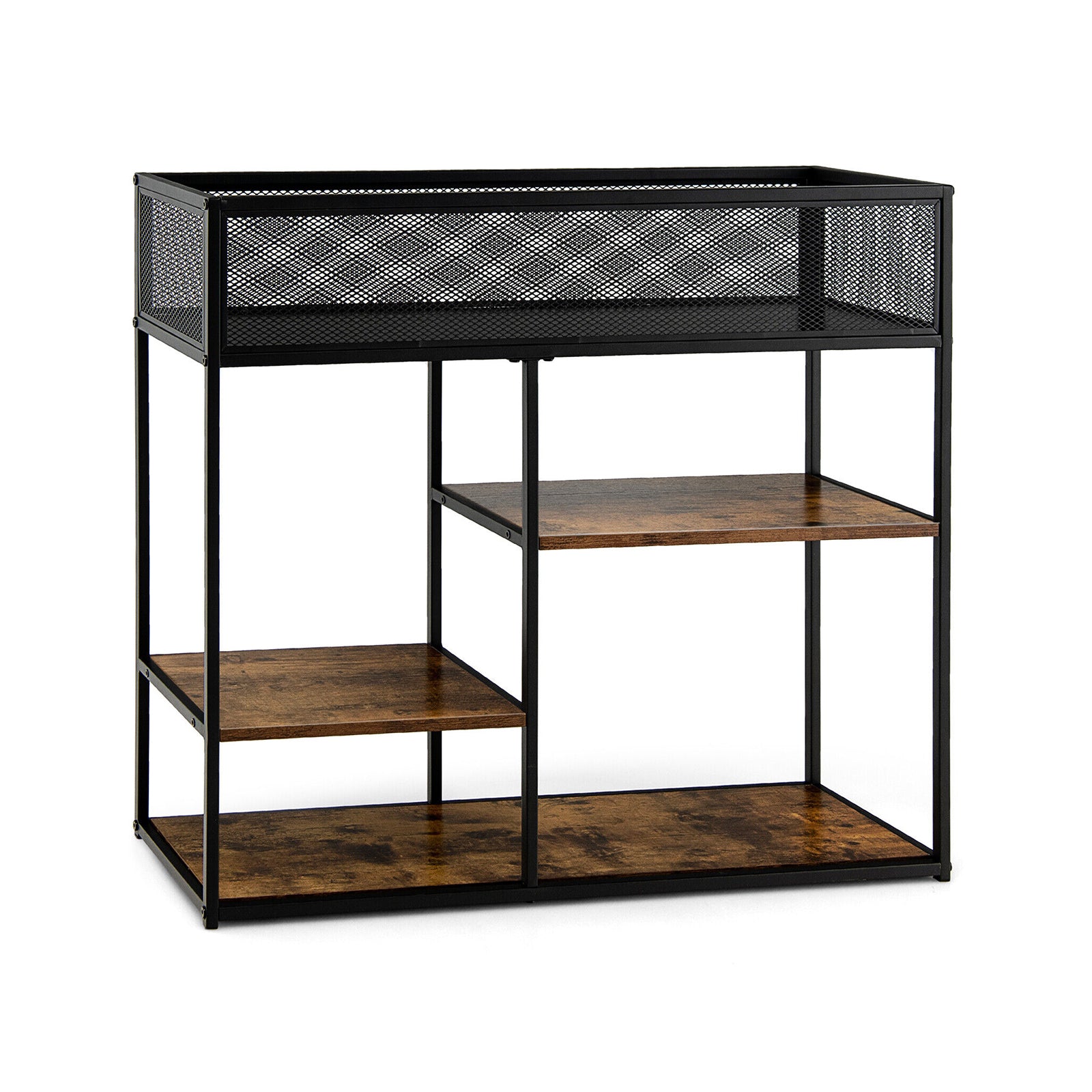 4-Tier Industrial Console Table with Wire Basket and shelf, Rustic Brown Console Tables at Gallery Canada