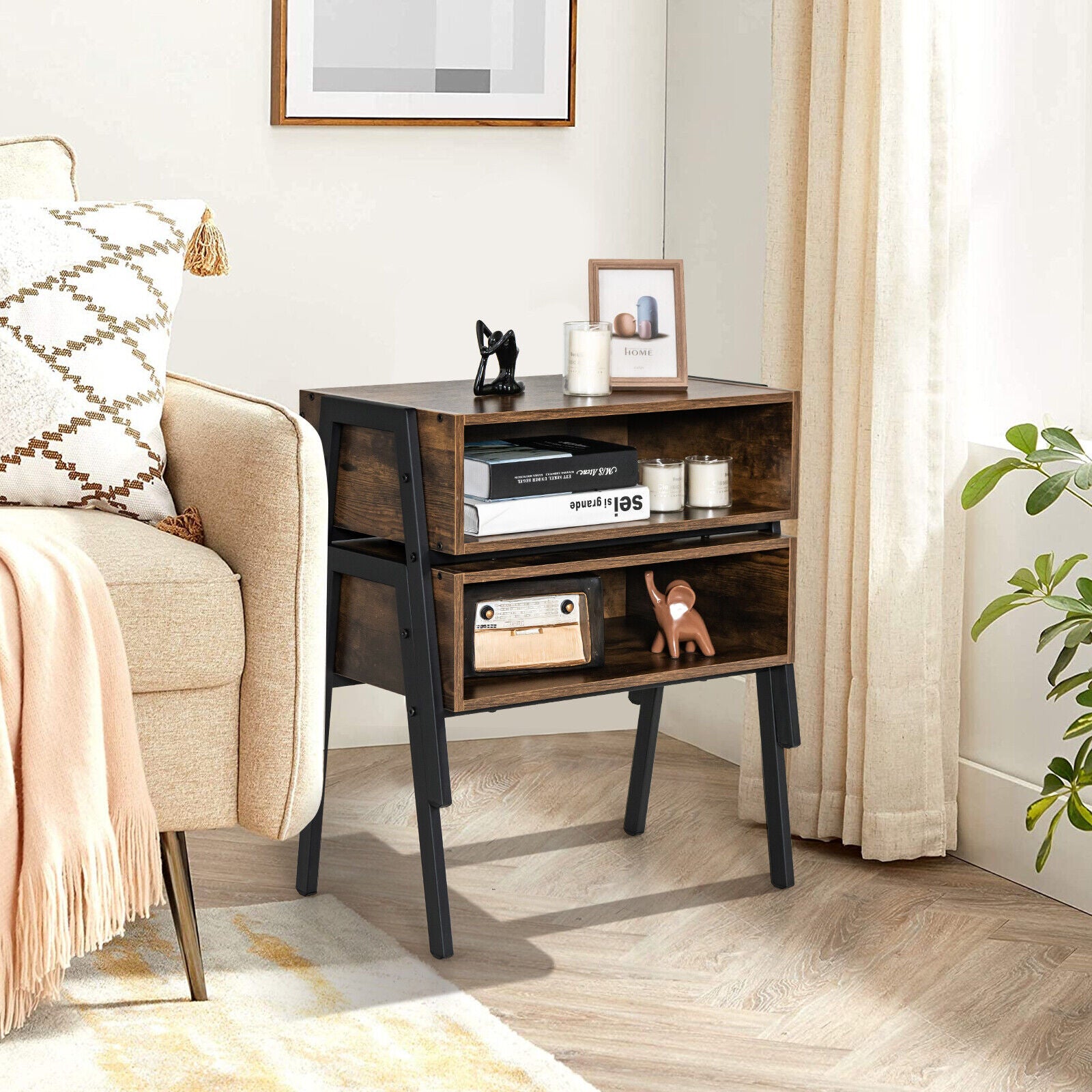 2 Pieces Stackable Night Stand Bedside End Table Set, Rustic Brown Nightstands at Gallery Canada