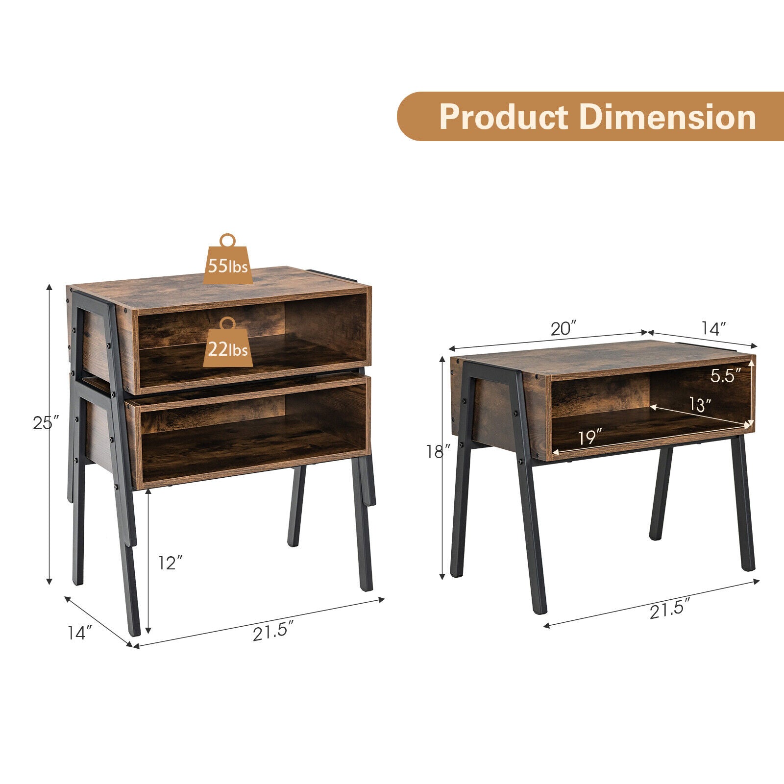 2 Pieces Stackable Night Stand Bedside End Table Set, Rustic Brown Nightstands at Gallery Canada