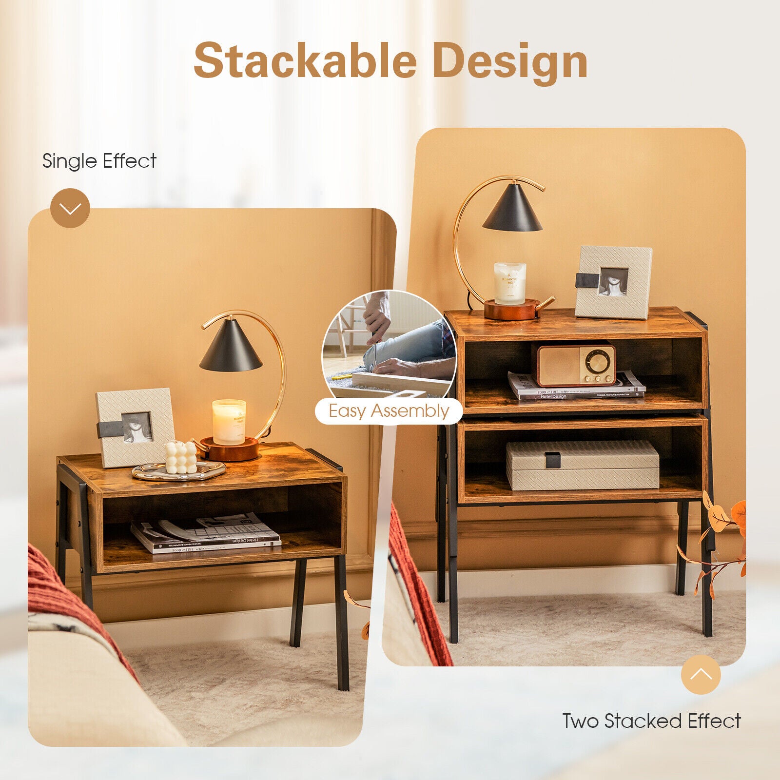 2 Pieces Stackable Night Stand Bedside End Table Set, Rustic Brown Nightstands at Gallery Canada