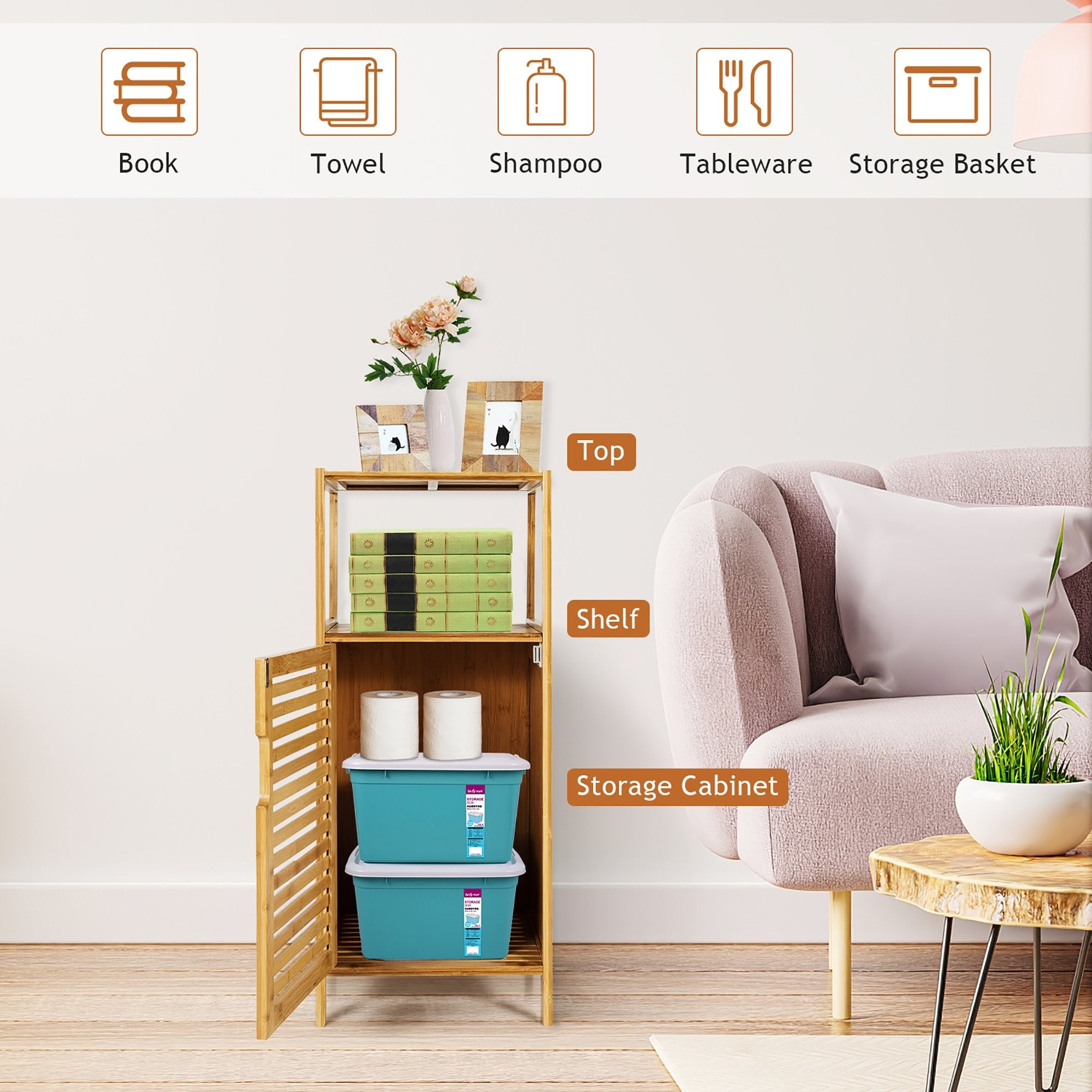 Bamboo Bathroom Storage Floor Cabinet with Door and Shelf Corner Cabinet, Natural Floor Cabinets   at Gallery Canada