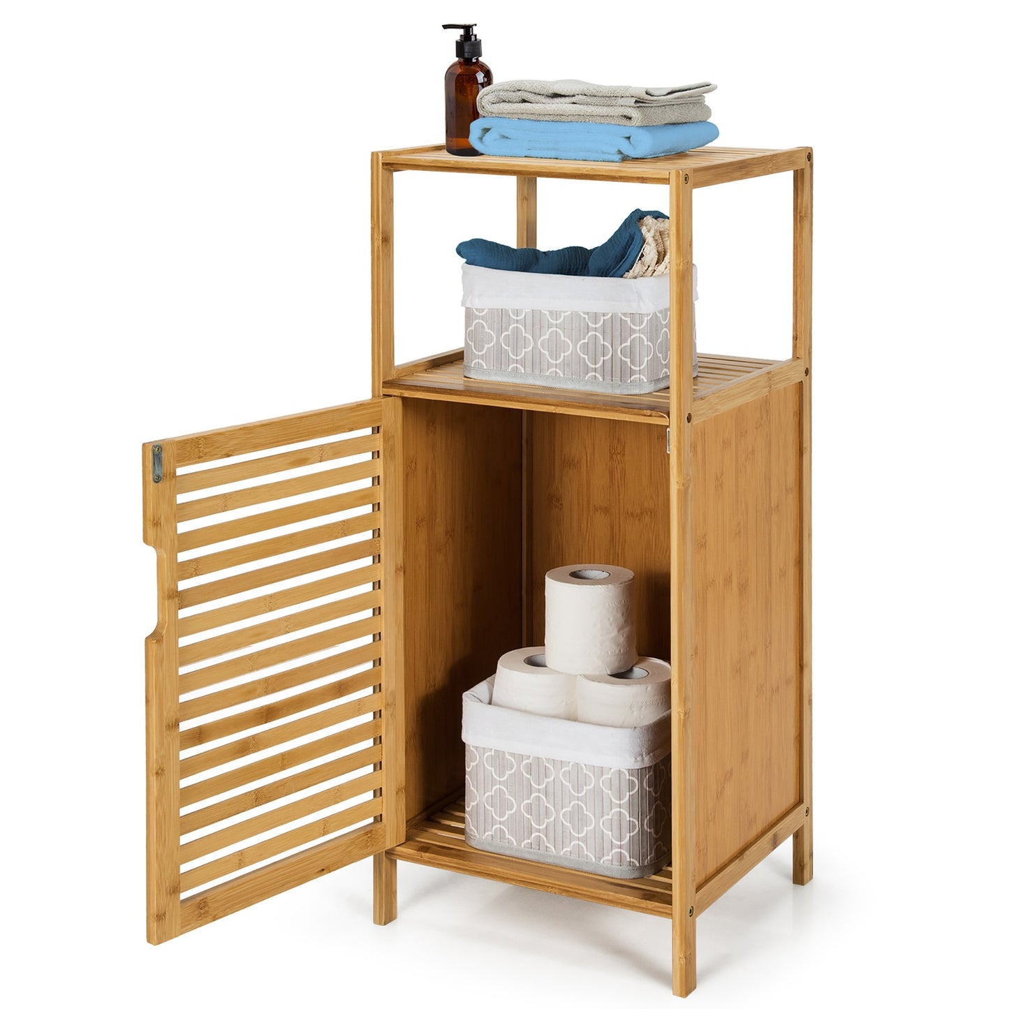 Bamboo Bathroom Storage Floor Cabinet with Door and Shelf Corner Cabinet, Natural Floor Cabinets   at Gallery Canada