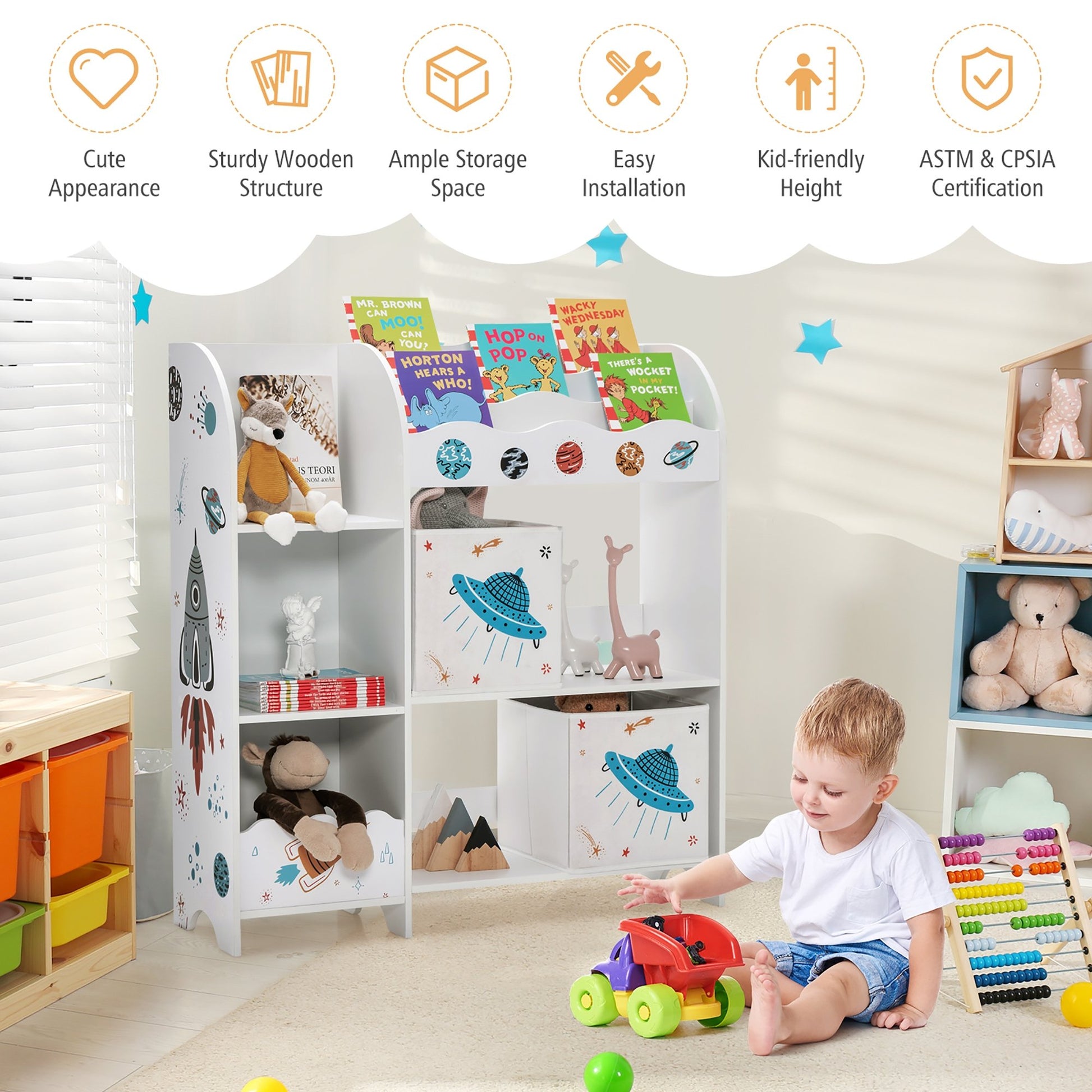 Kids Toy and Book Organizer Children Wooden Storage Cabinet with Storage Bins, White Kids Storage   at Gallery Canada