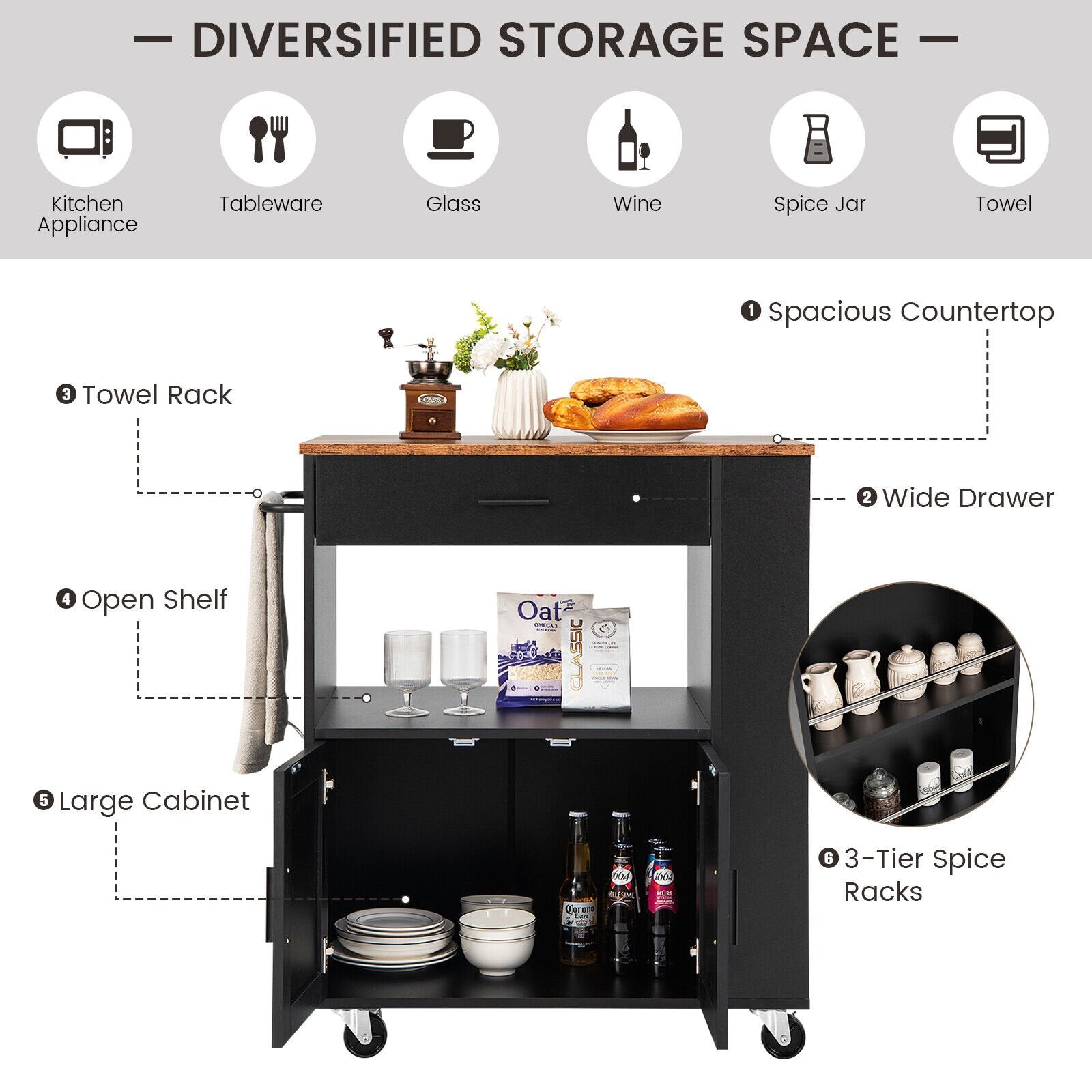 Kitchen Island Cart Rolling Storage Cabinet with Drawer and Spice Rack Shelf, Black Kitchen Islands & Carts   at Gallery Canada