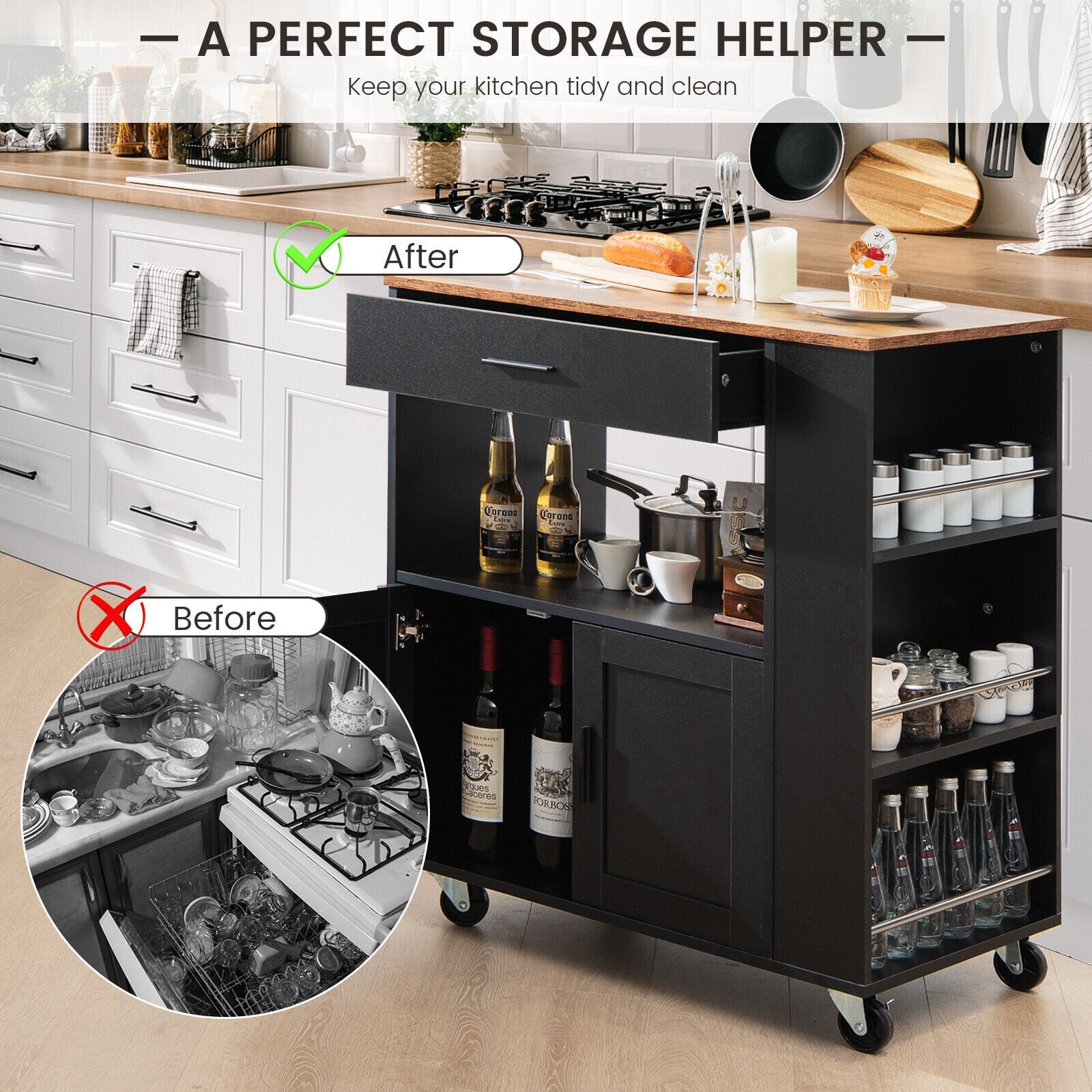 Kitchen Island Cart Rolling Storage Cabinet with Drawer and Spice Rack Shelf, Black Kitchen Islands & Carts   at Gallery Canada