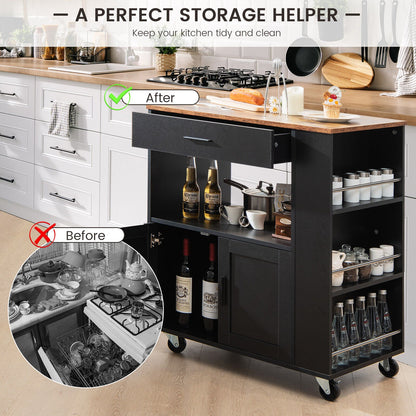 Kitchen Island Cart Rolling Storage Cabinet with Drawer and Spice Rack Shelf, Black - Gallery Canada