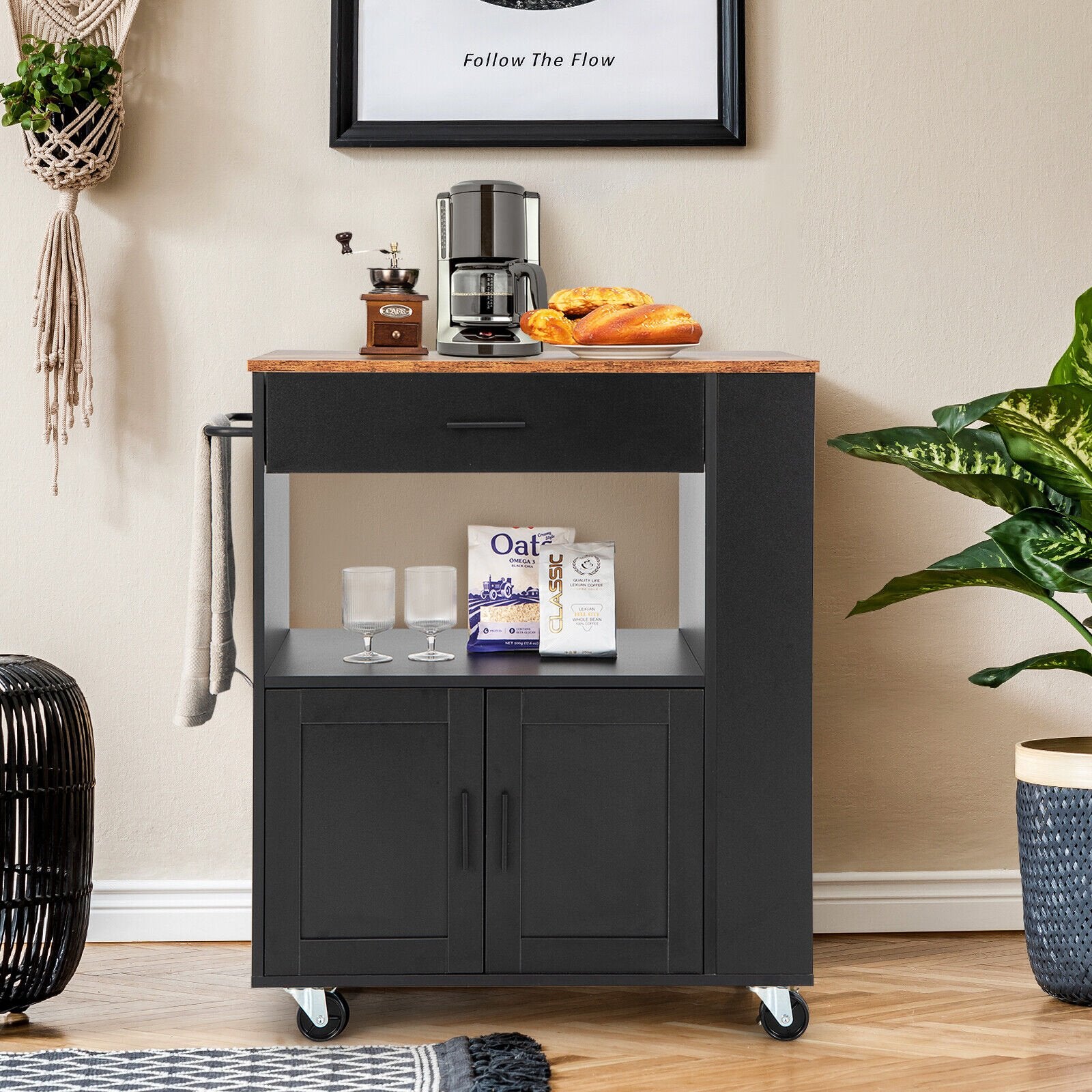 Kitchen Island Cart Rolling Storage Cabinet with Drawer and Spice Rack Shelf, Black - Gallery Canada