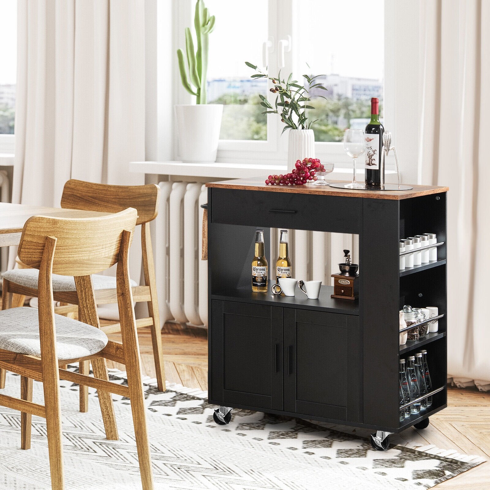 Kitchen Island Cart Rolling Storage Cabinet with Drawer and Spice Rack Shelf, Black Kitchen Islands & Carts   at Gallery Canada