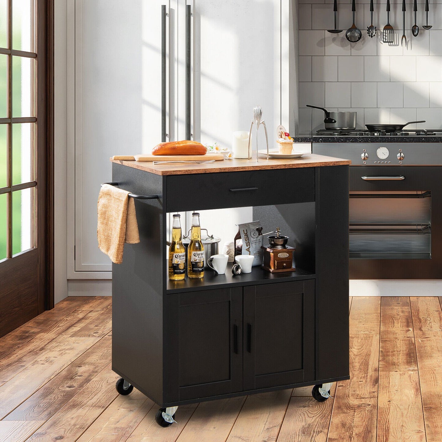 Kitchen Island Cart Rolling Storage Cabinet with Drawer and Spice Rack Shelf, Black Kitchen Islands & Carts   at Gallery Canada