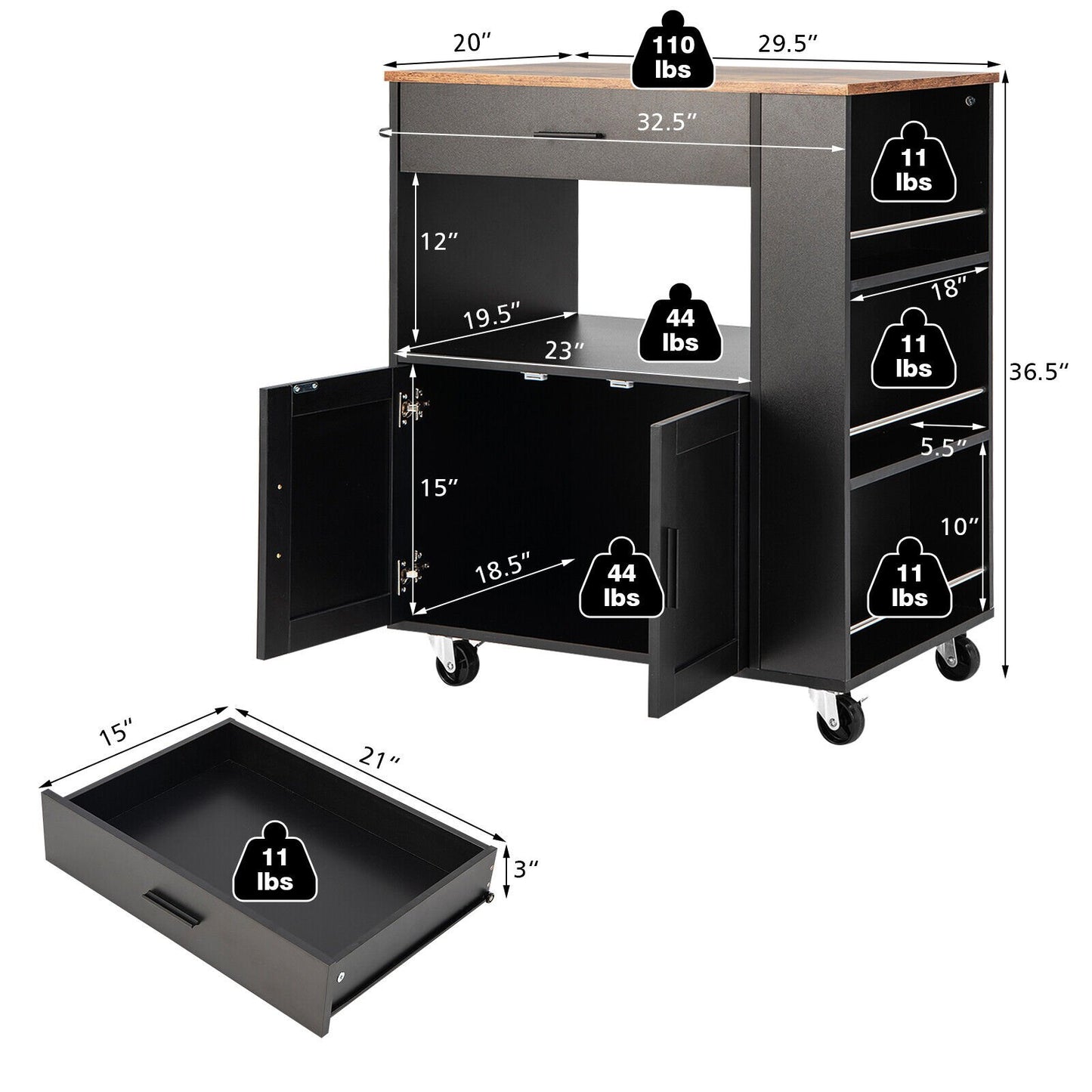 Kitchen Island Cart Rolling Storage Cabinet with Drawer and Spice Rack Shelf, Black - Gallery Canada