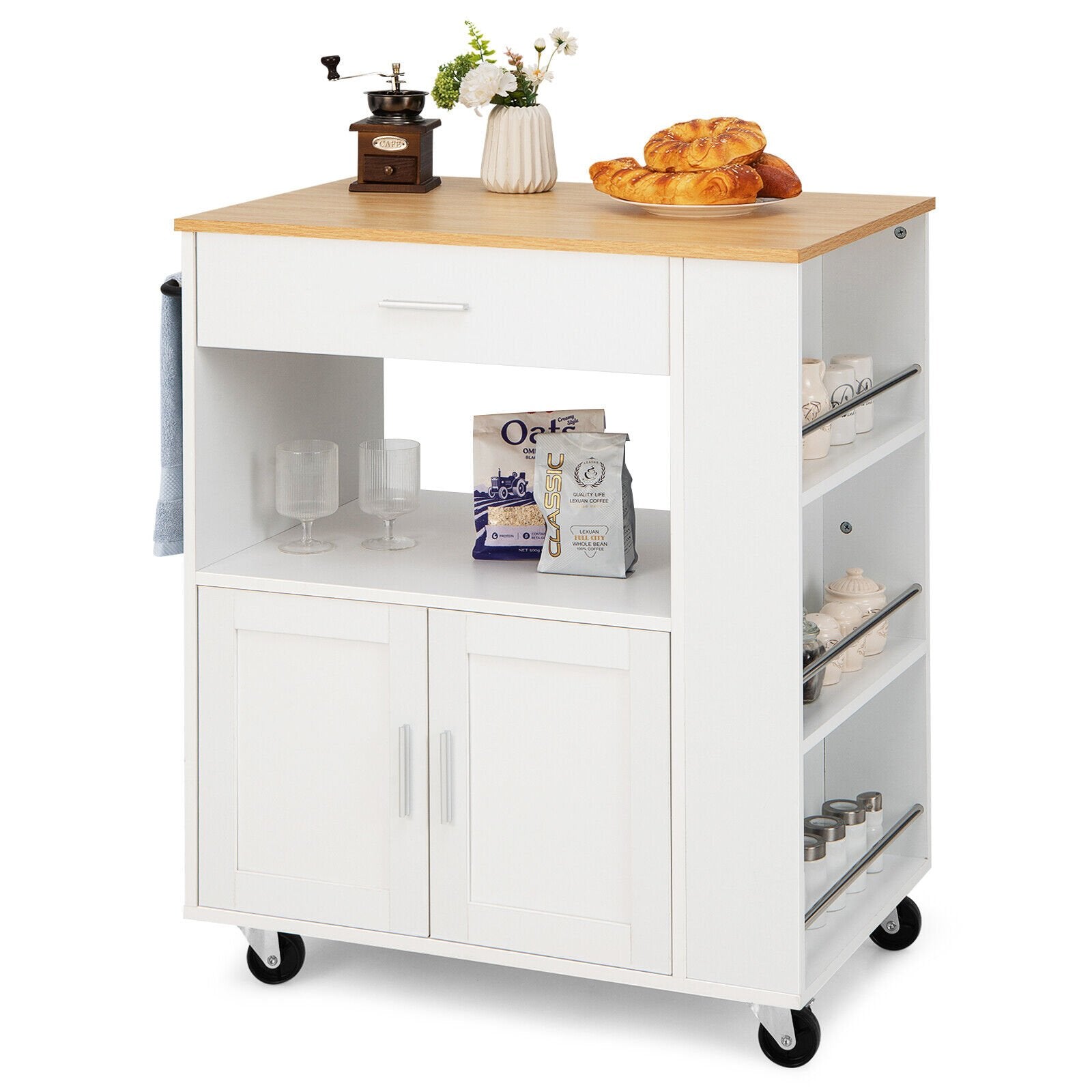 Kitchen Island Cart Rolling Storage Cabinet with Drawer and Spice Rack Shelf, White Kitchen Islands & Carts   at Gallery Canada