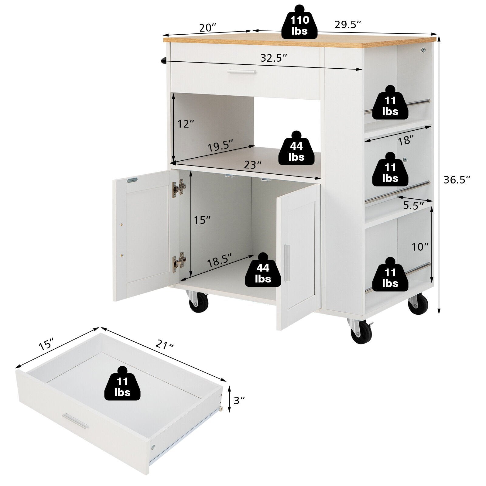 Kitchen Island Cart Rolling Storage Cabinet with Drawer and Spice Rack Shelf, White Kitchen Islands & Carts   at Gallery Canada