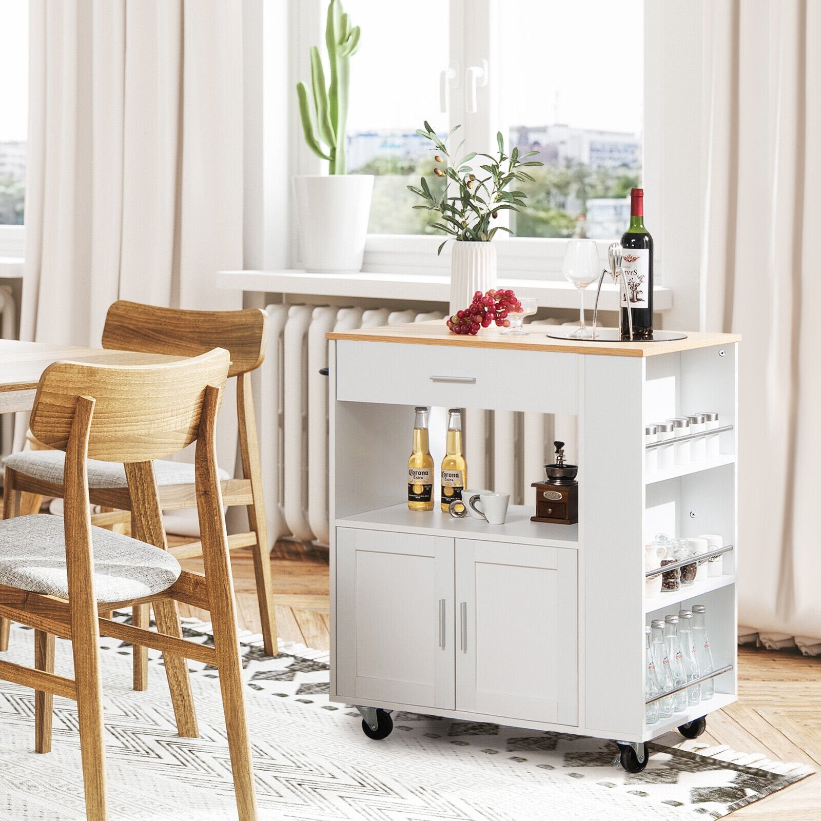 Kitchen Island Cart Rolling Storage Cabinet with Drawer and Spice Rack Shelf, White Kitchen Islands & Carts   at Gallery Canada