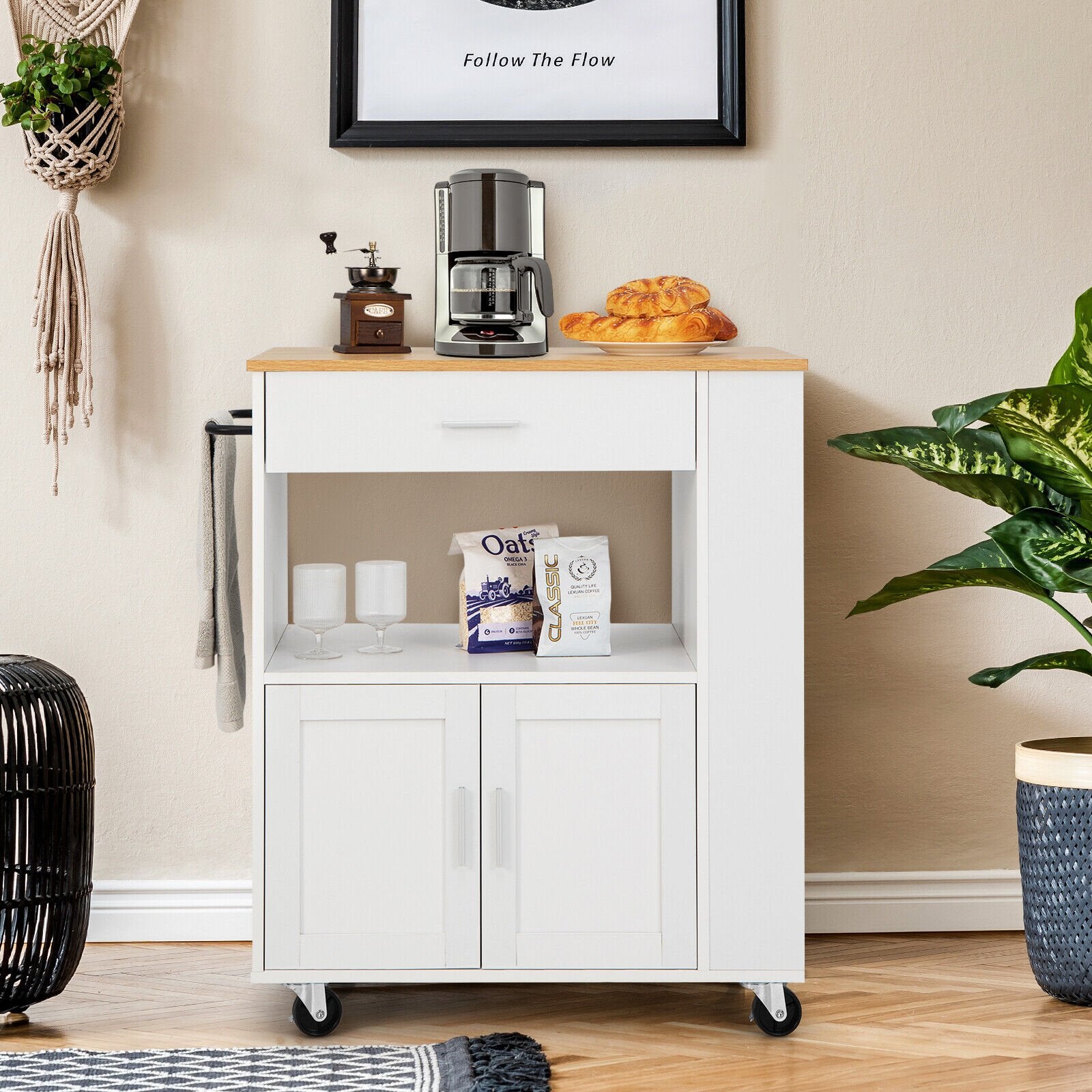 Kitchen Island Cart Rolling Storage Cabinet with Drawer and Spice Rack Shelf, White Kitchen Islands & Carts   at Gallery Canada